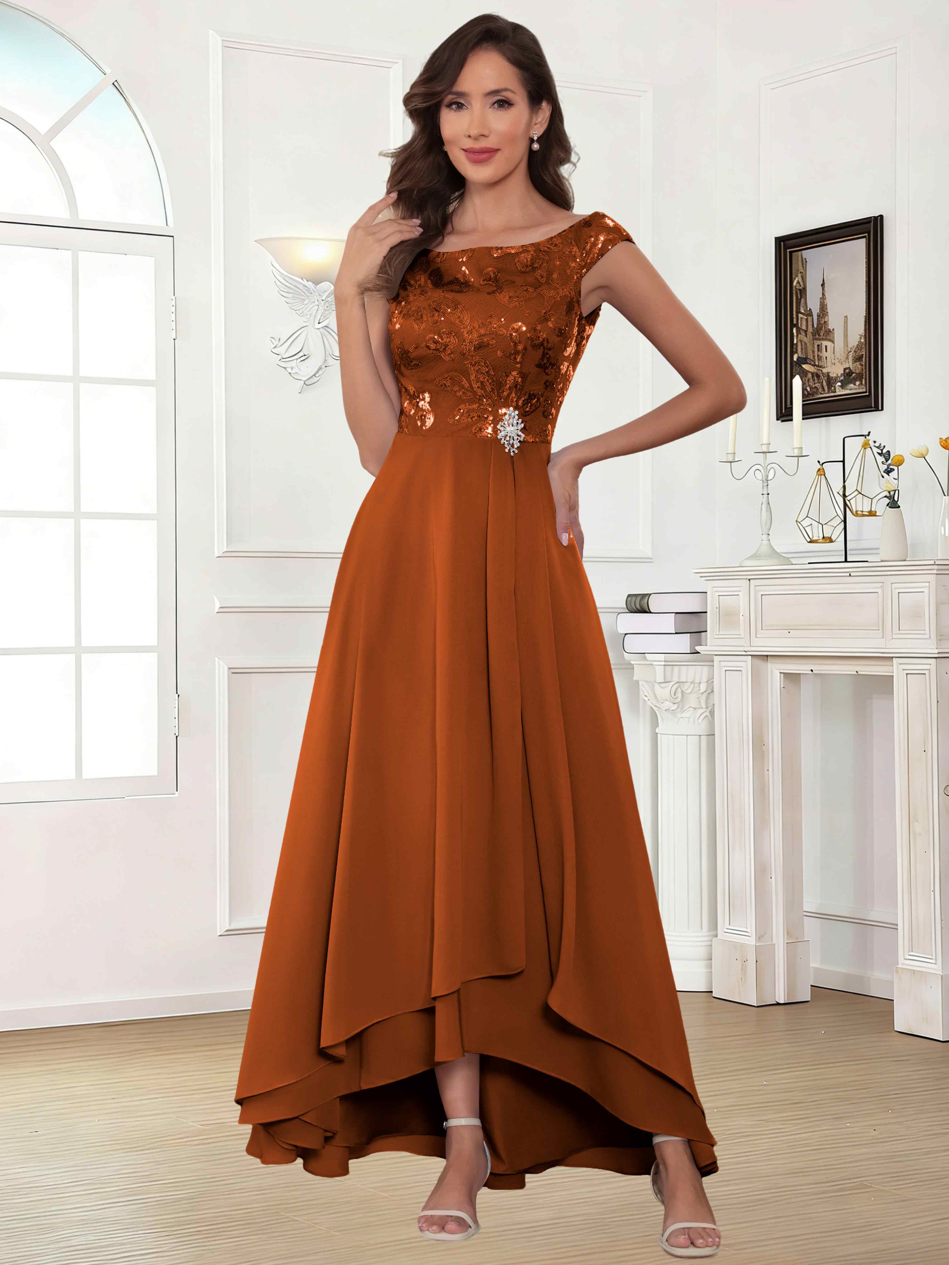 ROVDESY Tea Length Off-The-Shoulder Sequin Chiffon Mother Of The Bride Dress