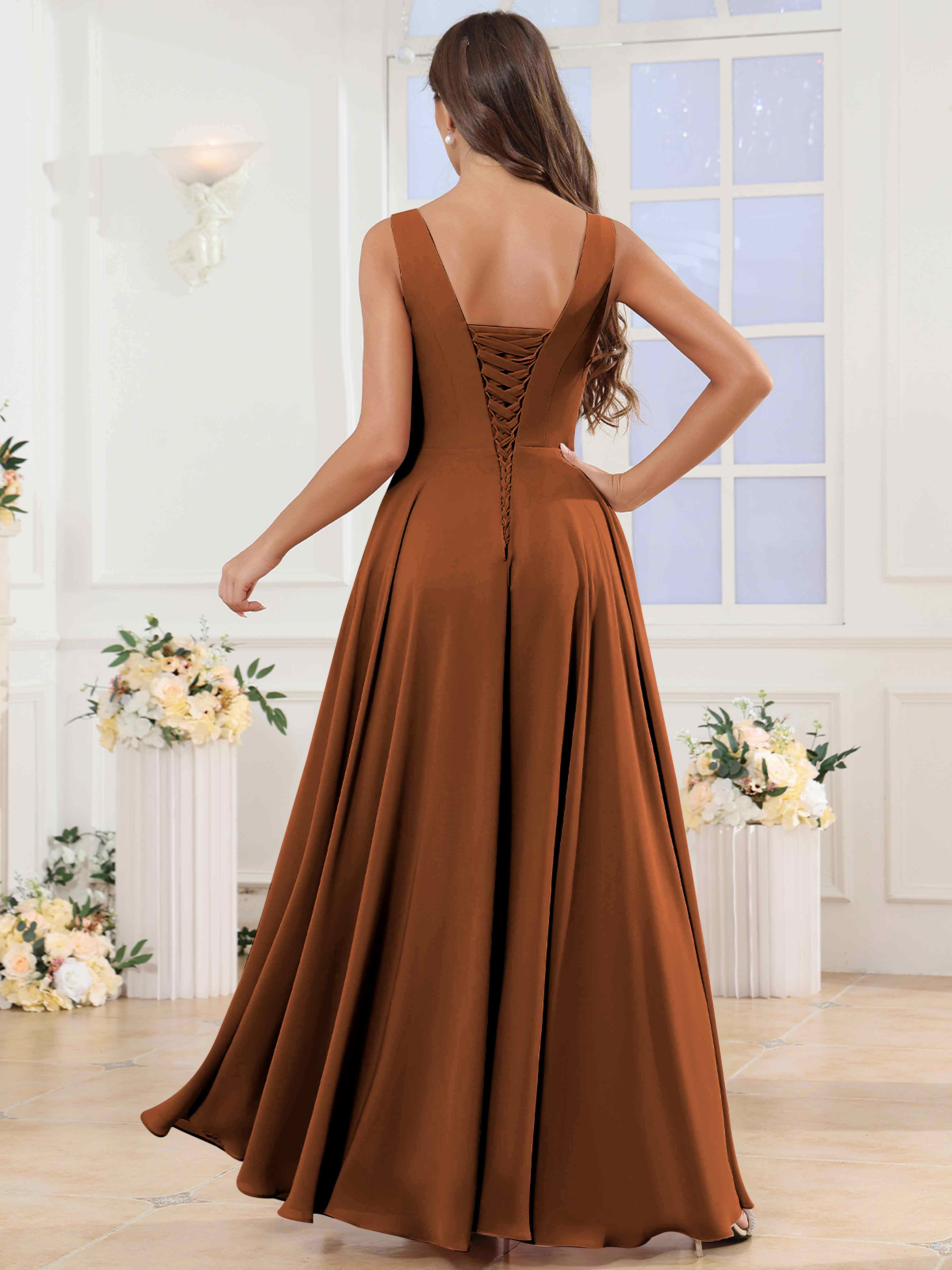 ROVDESY V-Neck Pleated Sleeveless Ruffle Chiffon Bridesmaid Dress With Slit