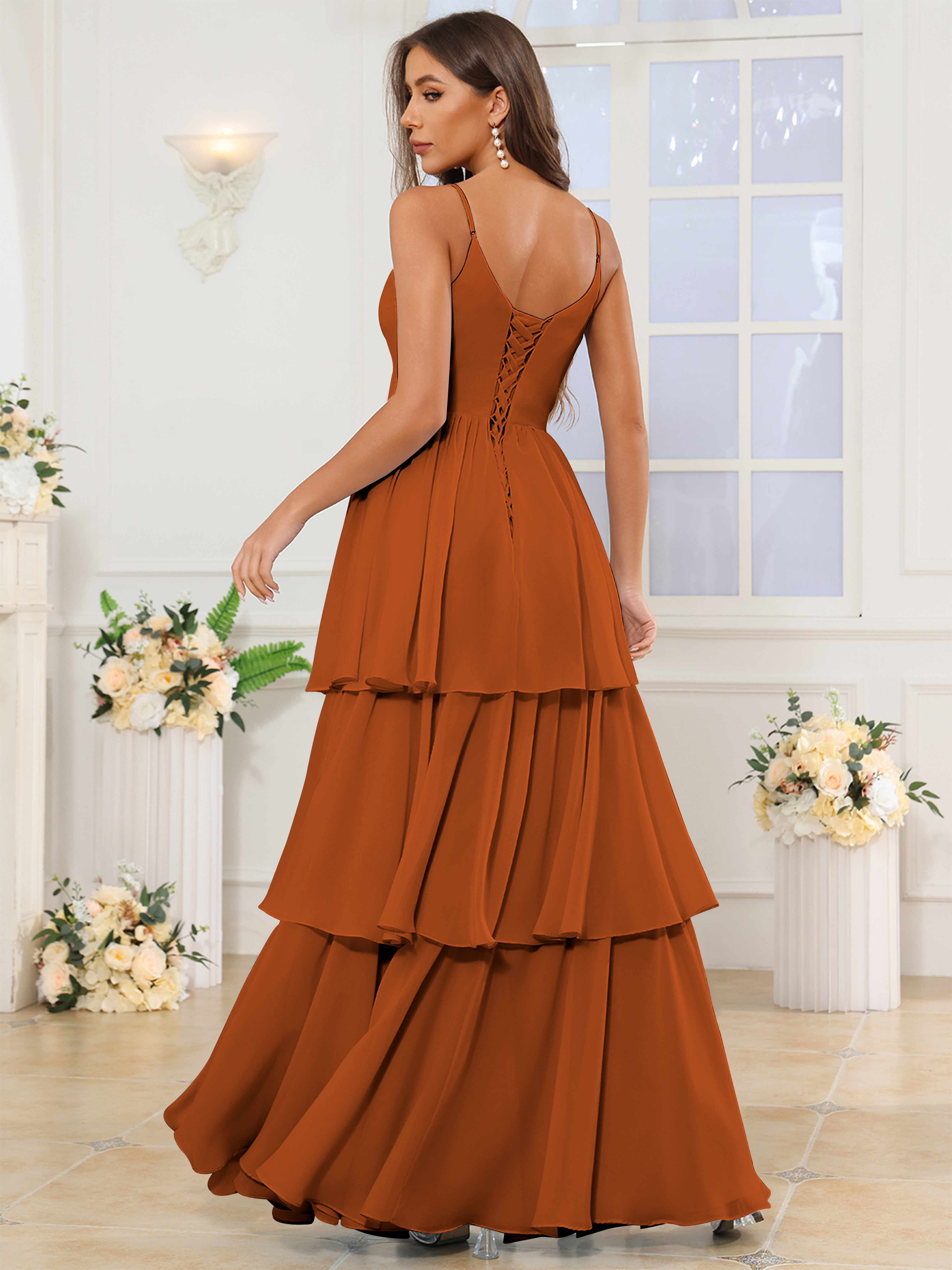 ROVDESY V-Neck Spaghetti Straps Tiered Chiffon Bridesmaid Dress With Ruffles