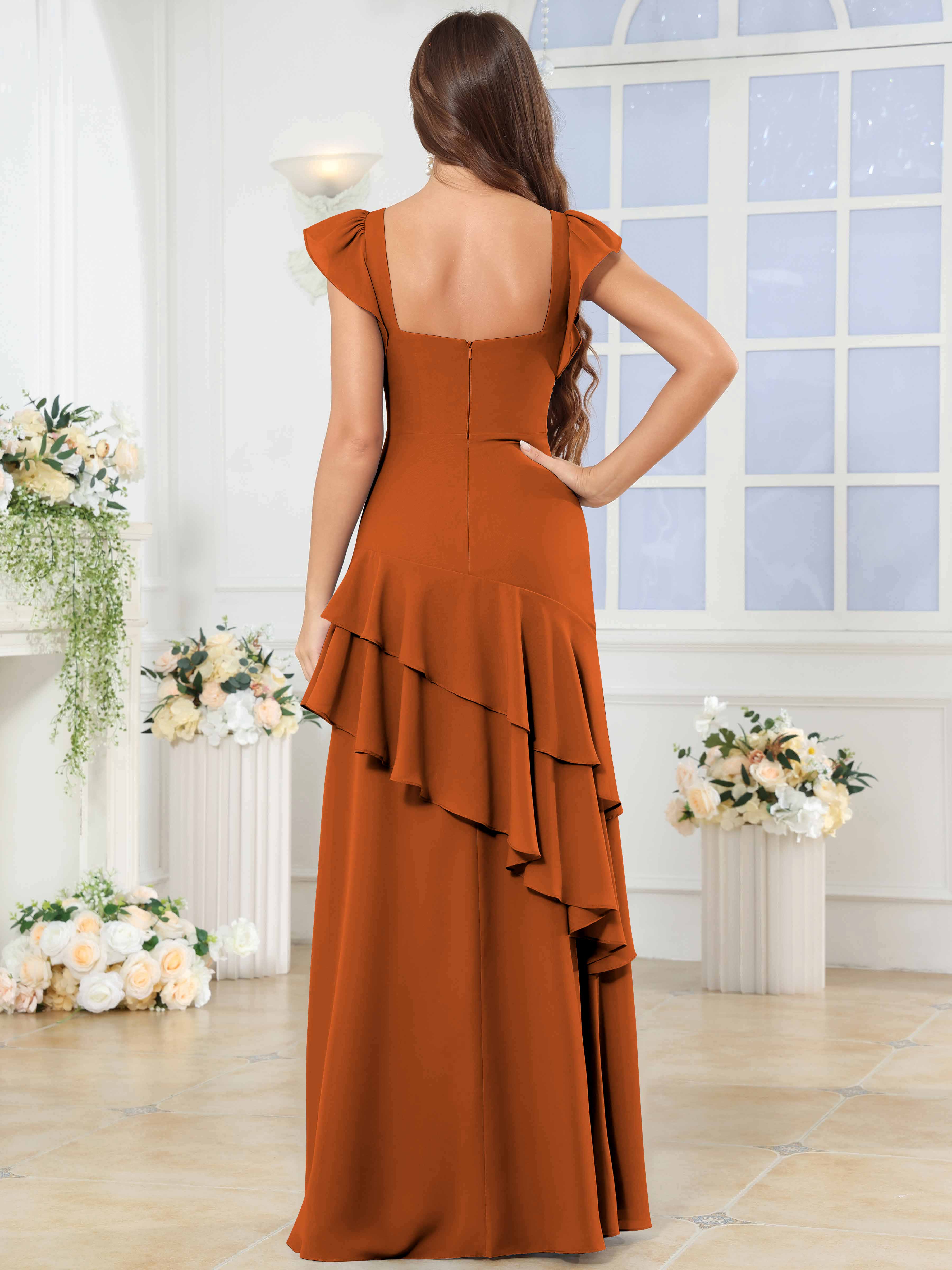 ROVDESY Sweetheart Tiered Ruffle Chiffon Bridesmaid Dress With Short Sleeves