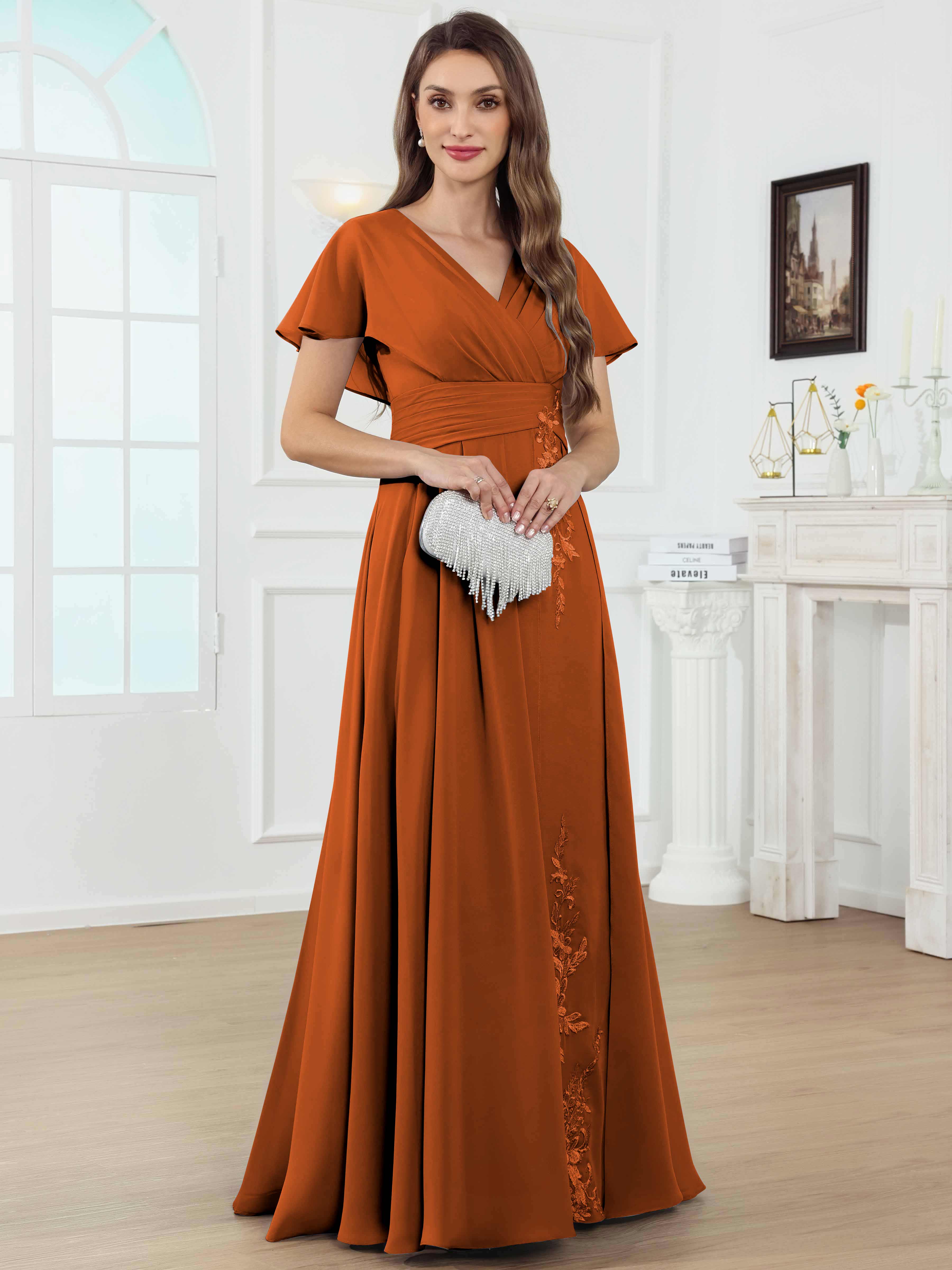 ROVDESY A-Line V-Neck Pleated Lace Chiffon Mother Of The Bride Dress With Short Sleeves