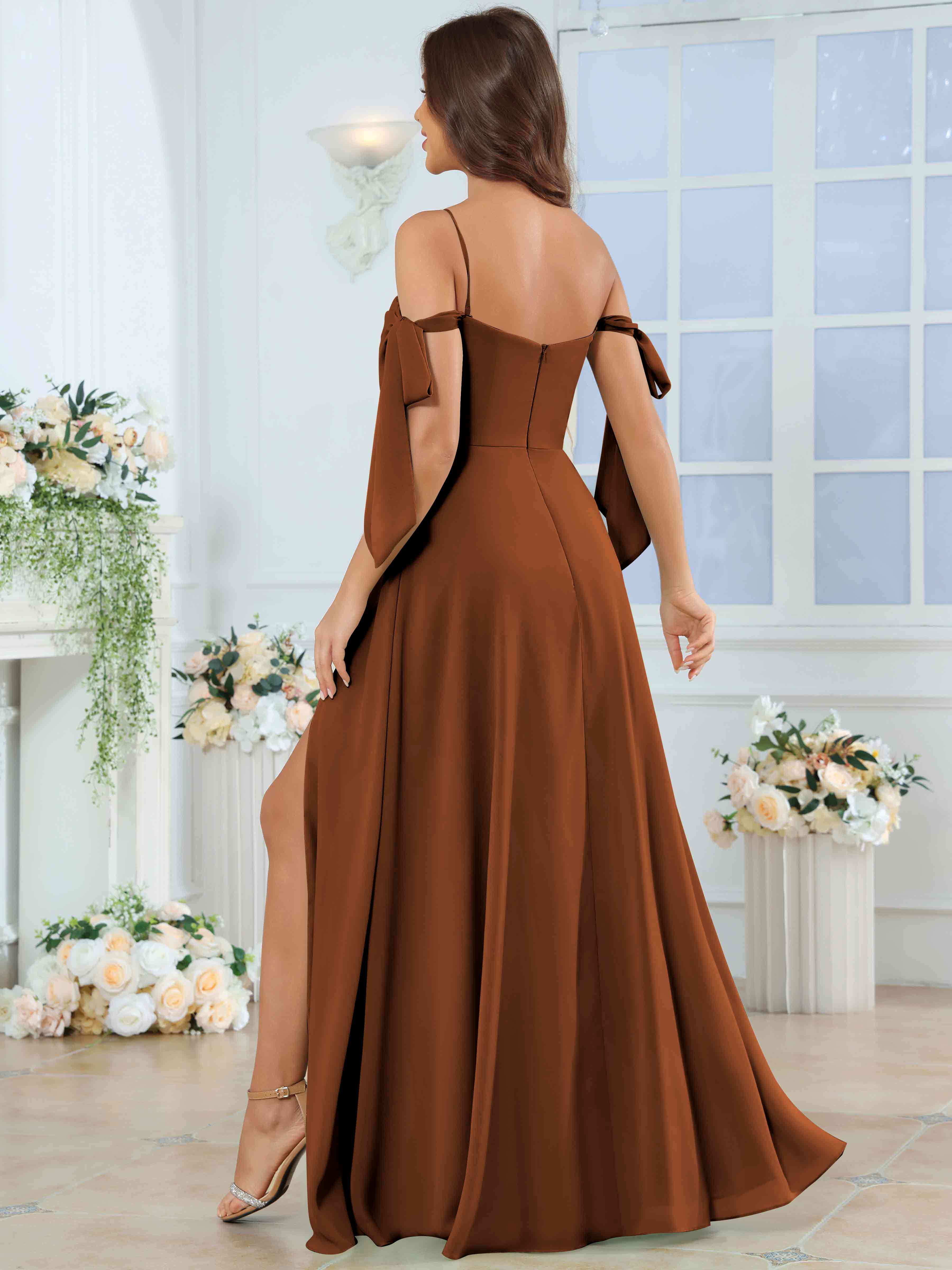 ROVDESY Spaghetti Strap Pleated Ruffle Slit Chiffon Bridesmaid Dress With Bow Sleeves