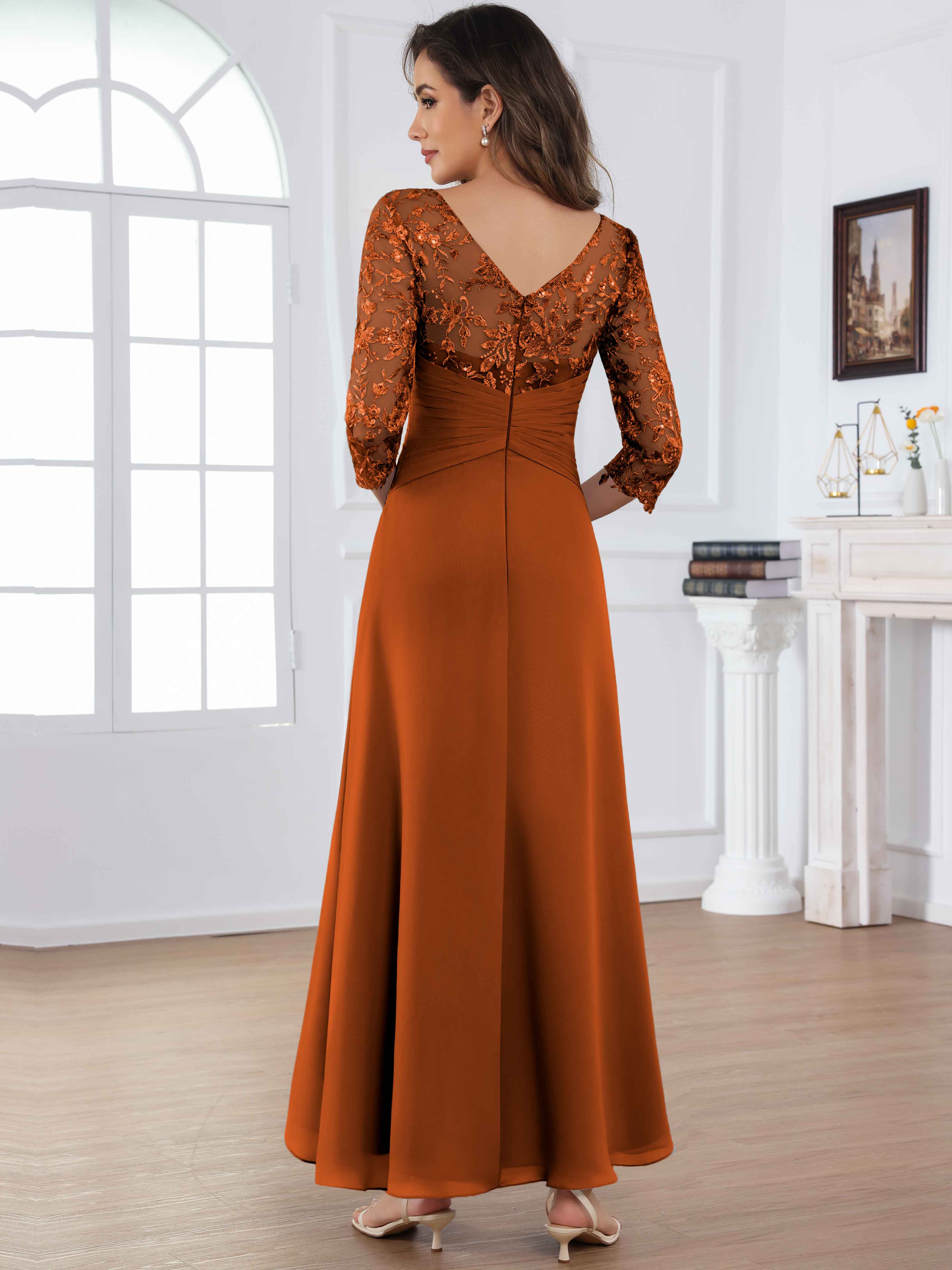 ROVDESY Tea Length Lace Chiffon Mother of The Bride Dress with 3/4 Sleeves