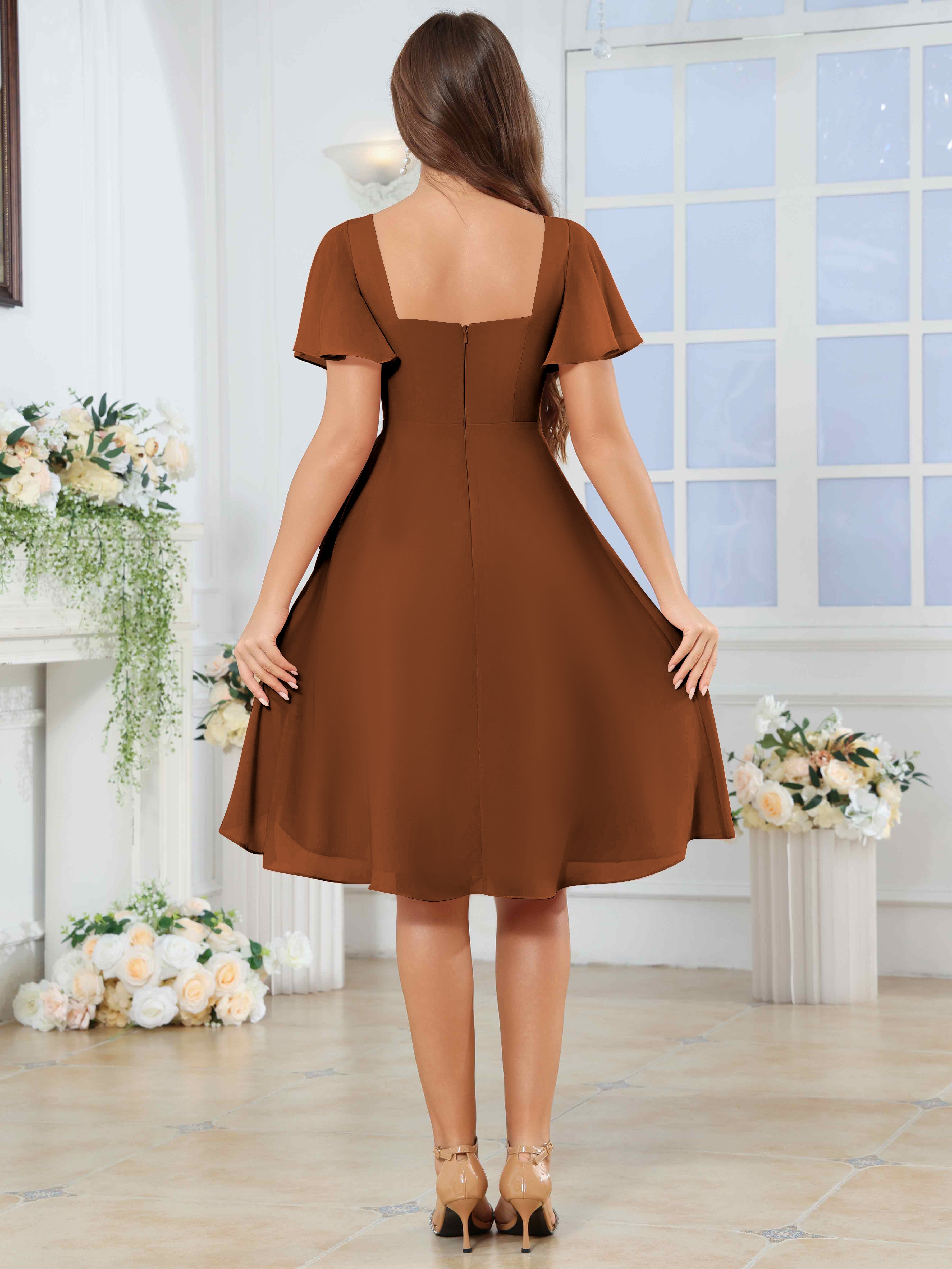 ROVDESY Knee Length V-Neck Pleated Chiffon Bridesmaid Dress With Short Sleeves