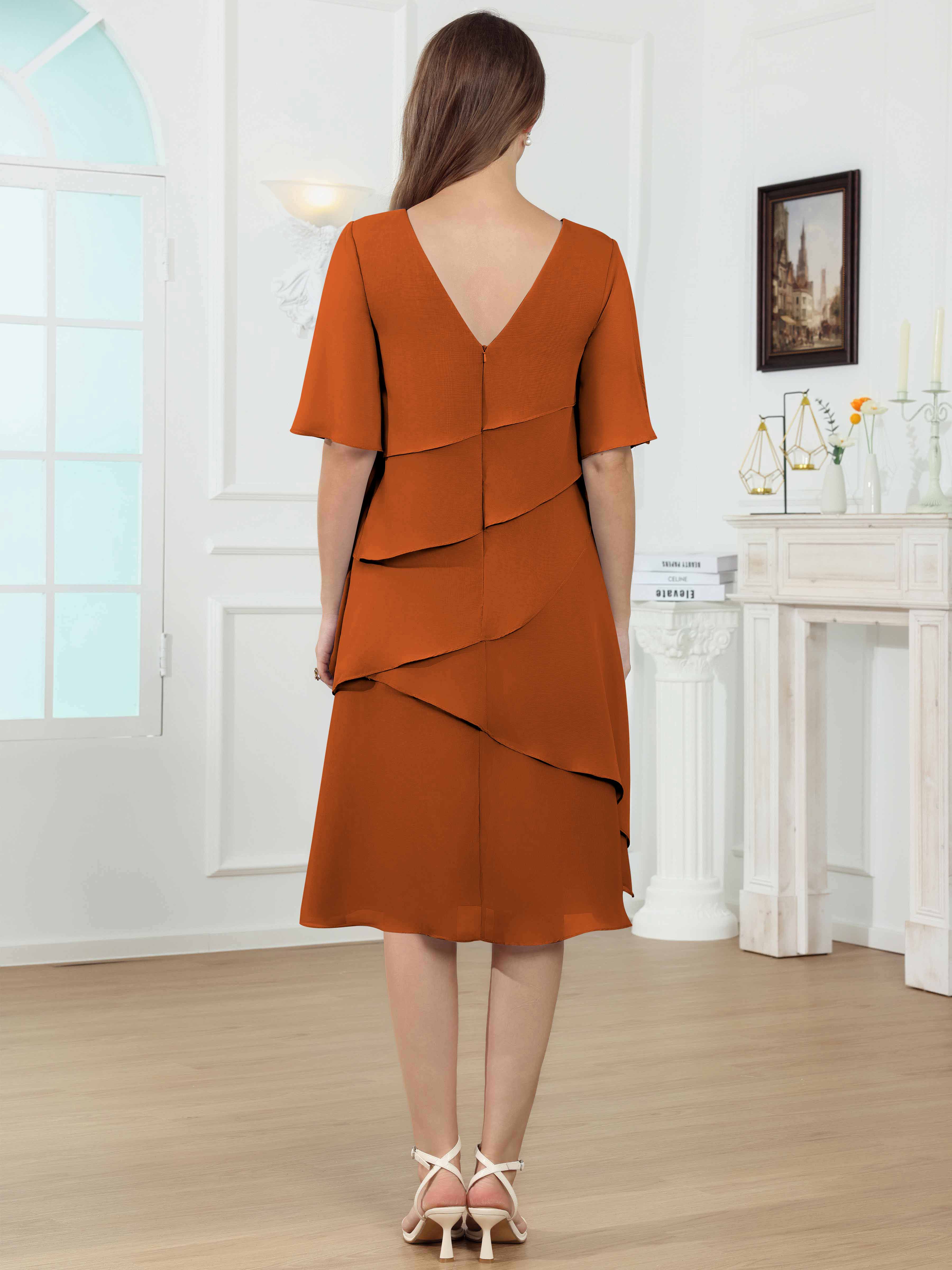 ROVDESY Knee Length Tiered Ruffle Chiffon Mother Of The Bride Dress With Half Sleeves