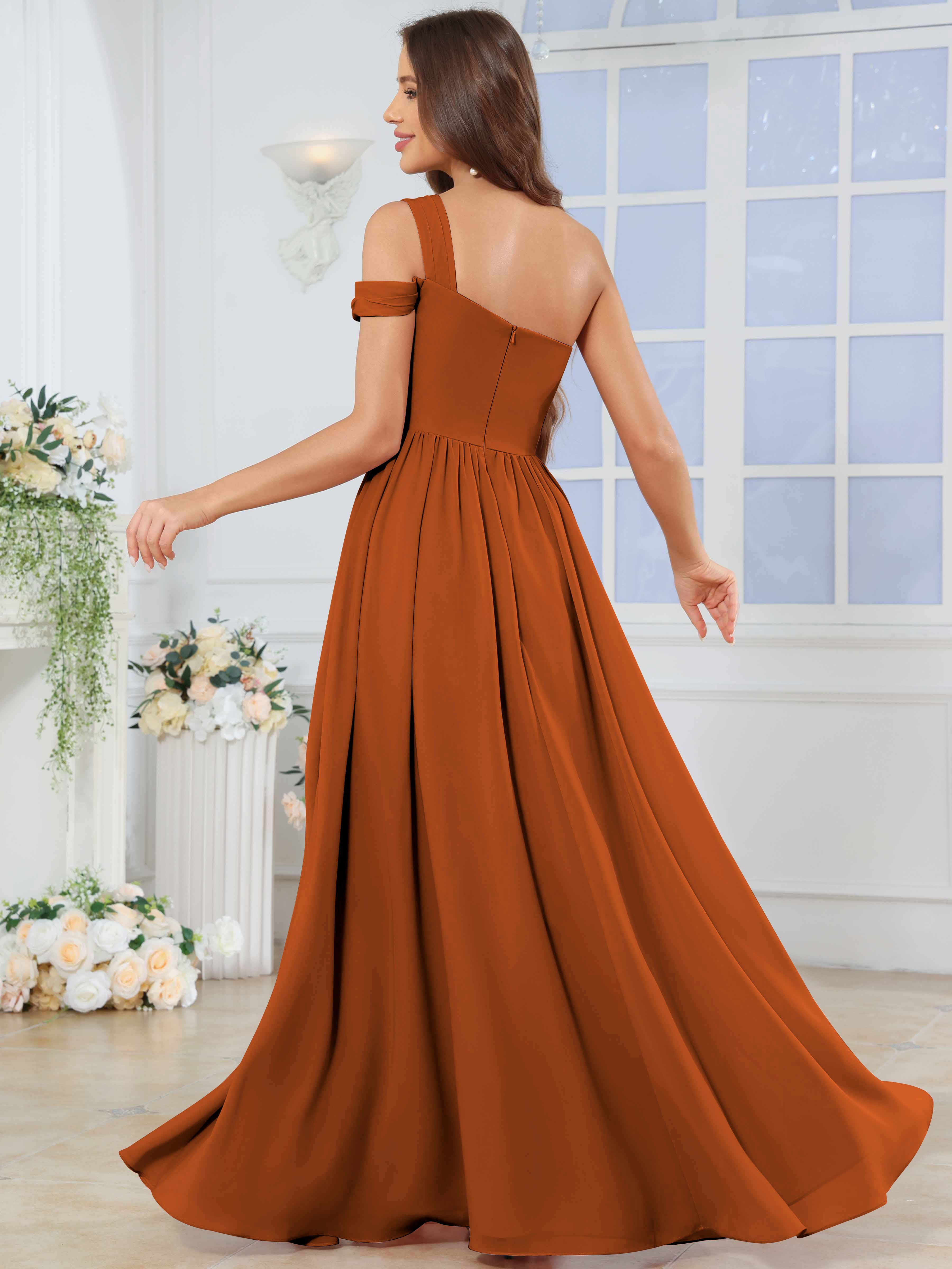 ROVDESY One Shoulder Pleated Chiffon Bridesmaid Dress With Slit