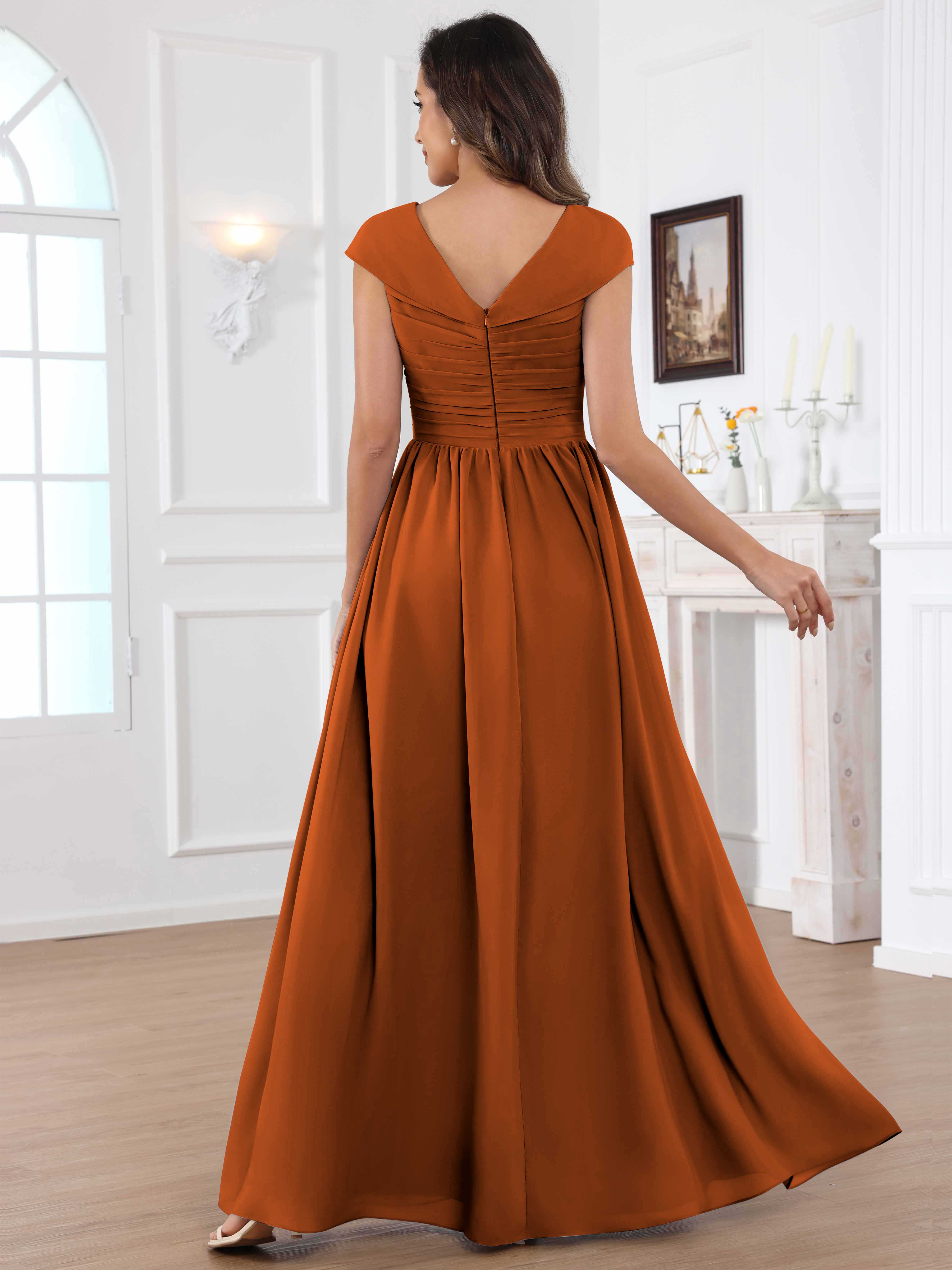 ROVDESY A-Line Cap Sleeves Pleated Chiffon Mother Of The Bride Dress