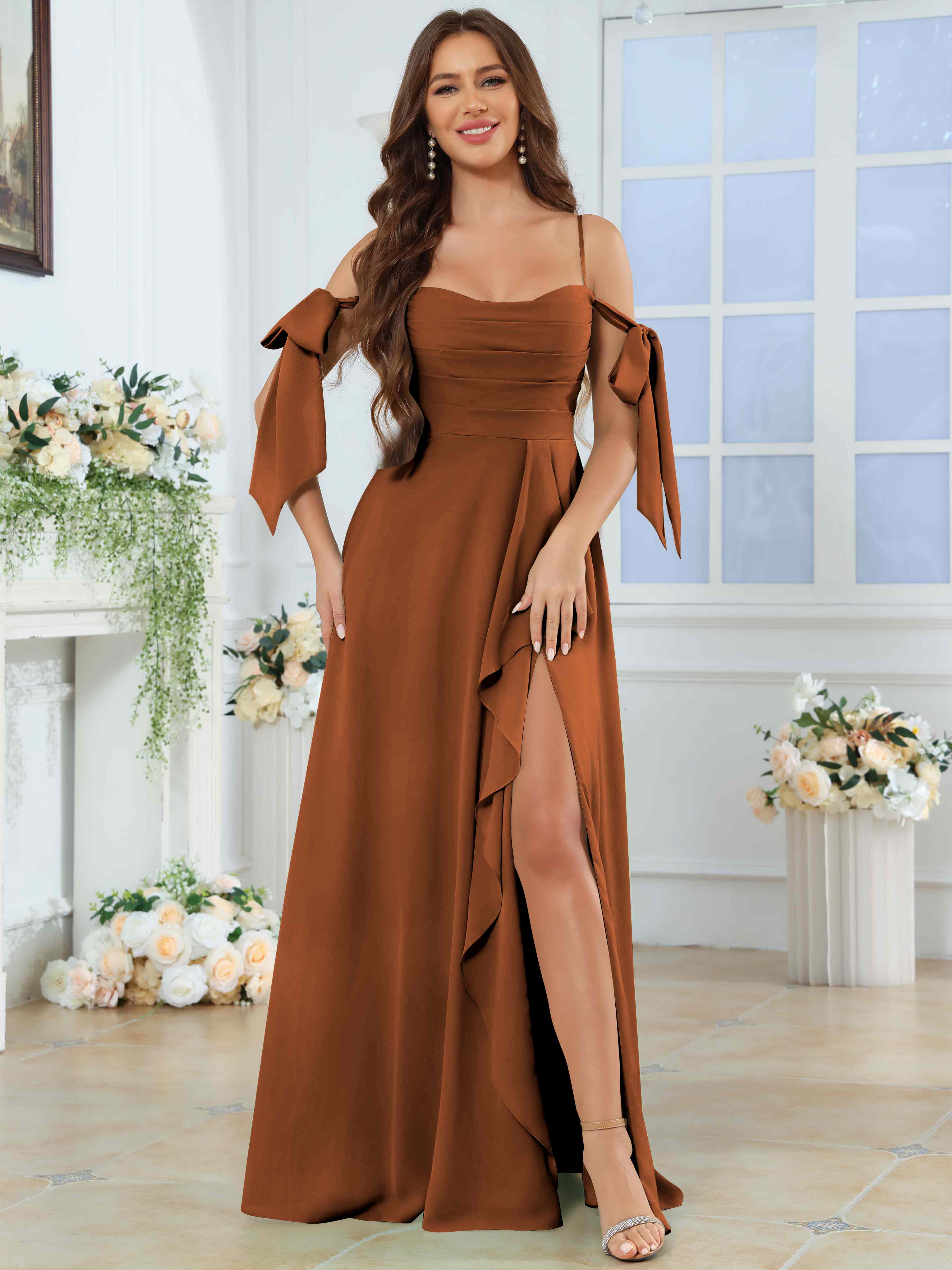 ROVDESY Spaghetti Strap Pleated Ruffle Slit Chiffon Bridesmaid Dress With Bow Sleeves