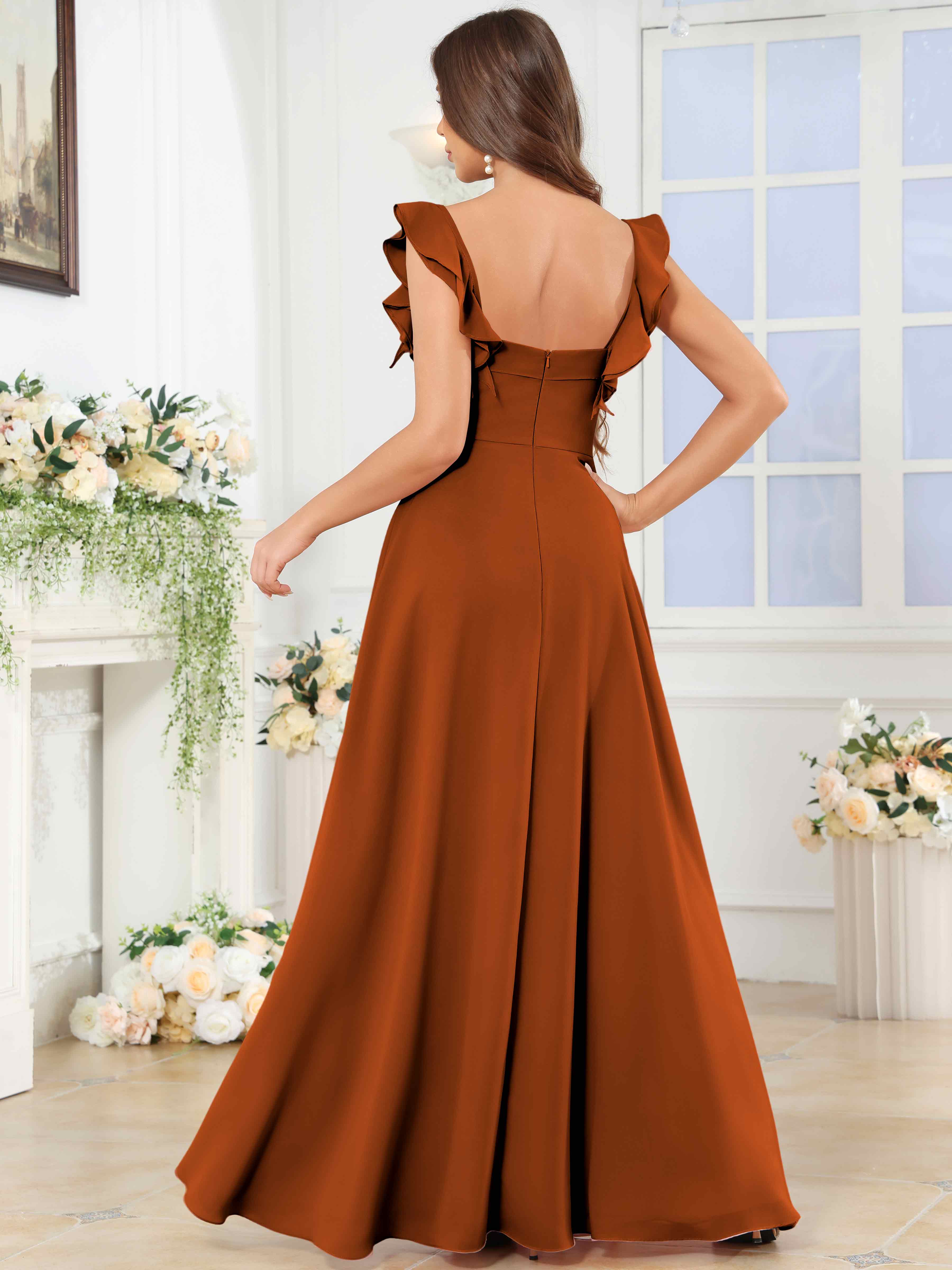 ROVDESY Square Neck Ruffle Chffion Bridesmaid Dress With Slit
