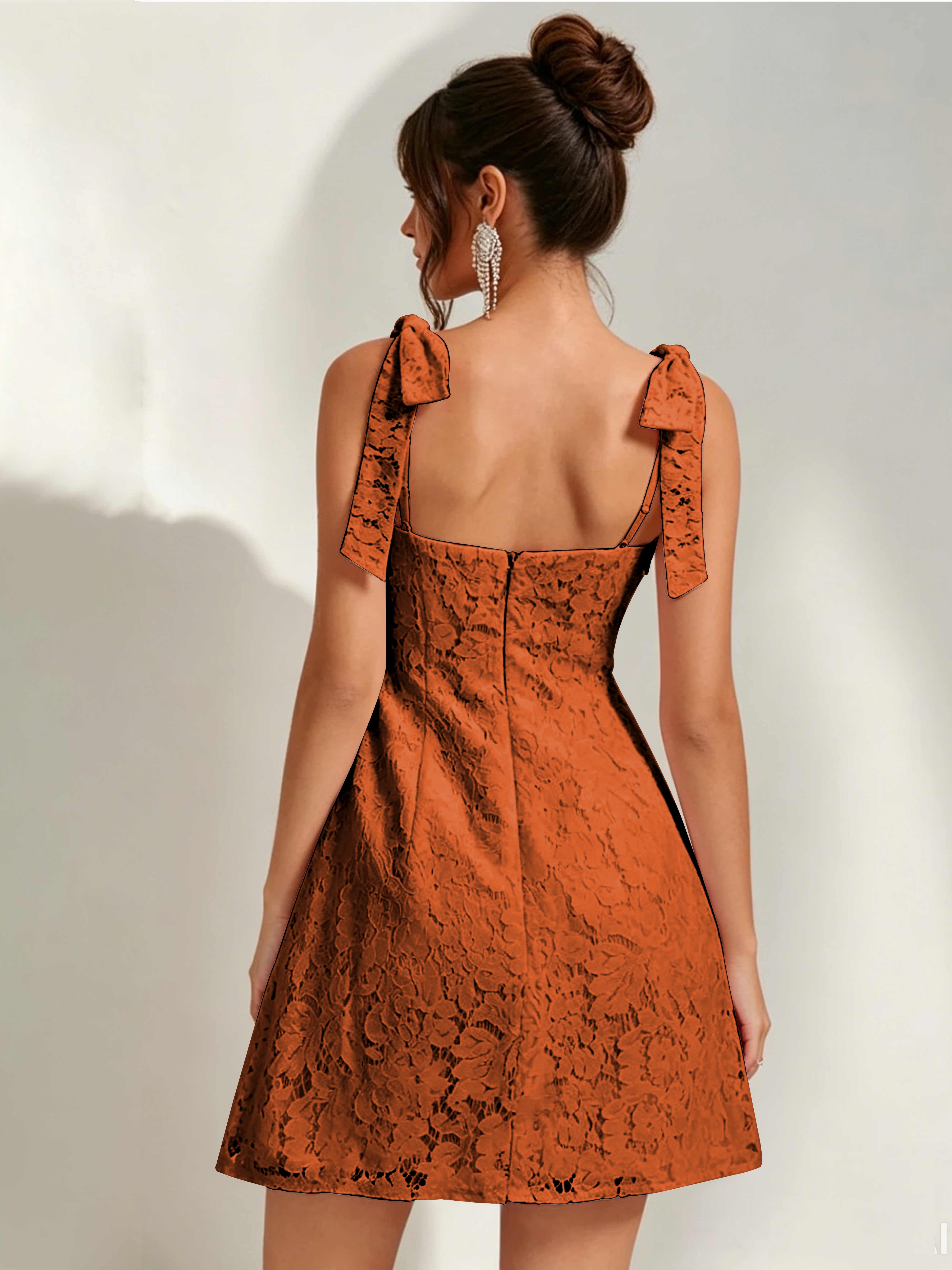 ROVDESY Bow Tie Spaghetti Strap A-Line  Floral Lace Mini Dress