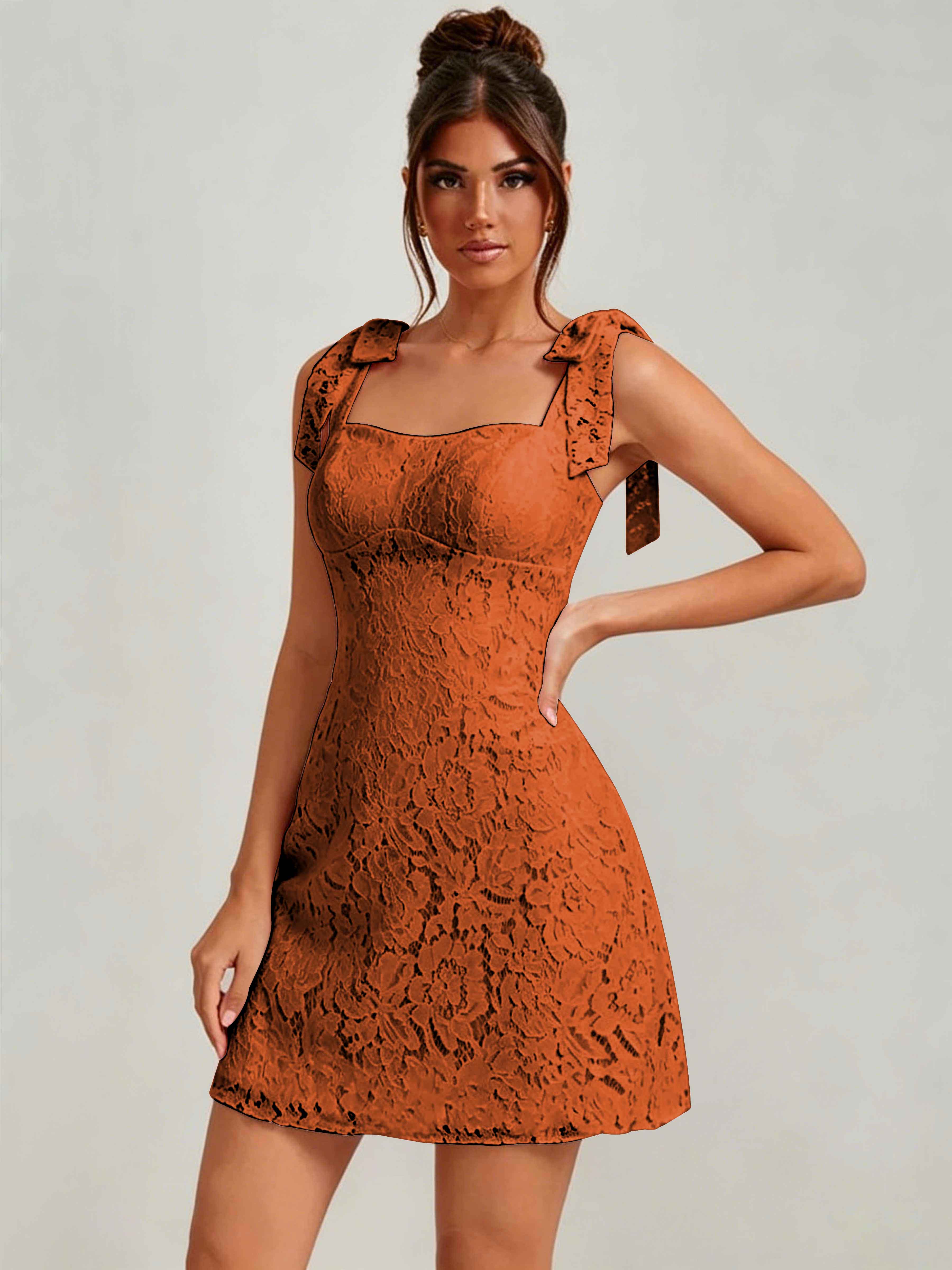 ROVDESY Bow Tie Spaghetti Strap A-Line  Floral Lace Mini Dress