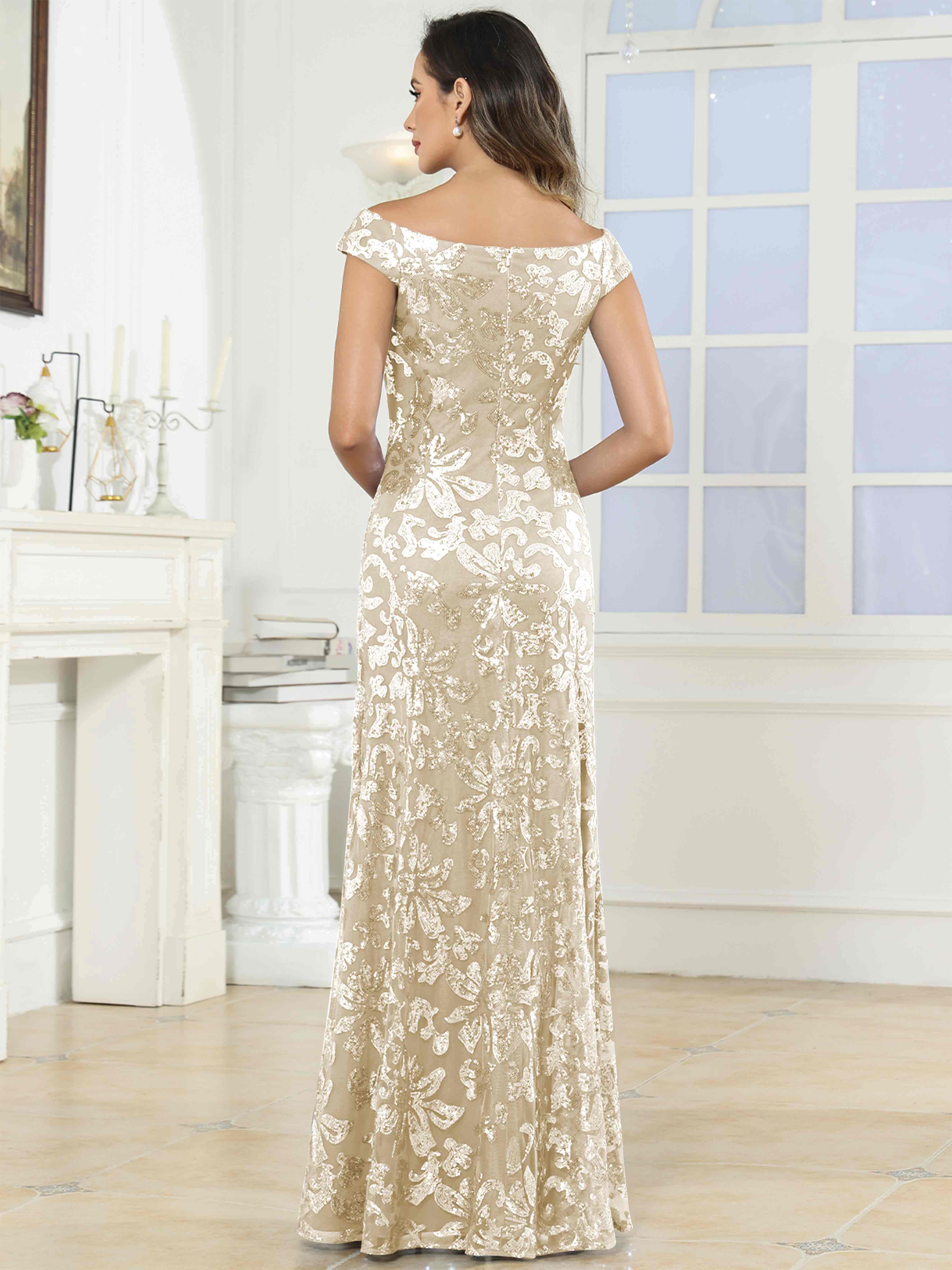 ROVDESY Off-The-Shoulder Mermaid Sequin Mother Of The Bride Dress Formal Gown