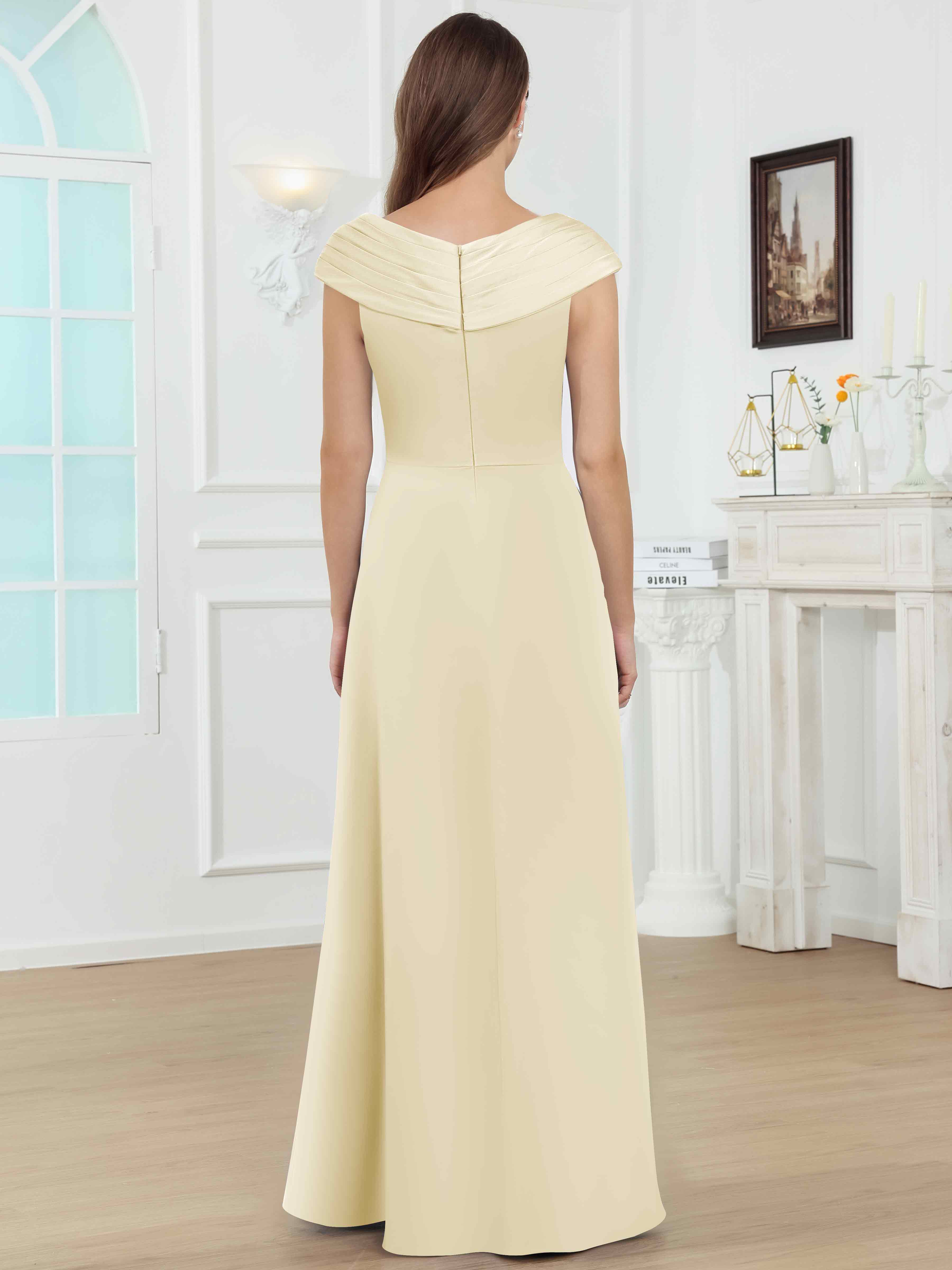 ROVDESY V-Neck Off The Shoulder Pleated Satin Mother Of The Bride Dress With Slit