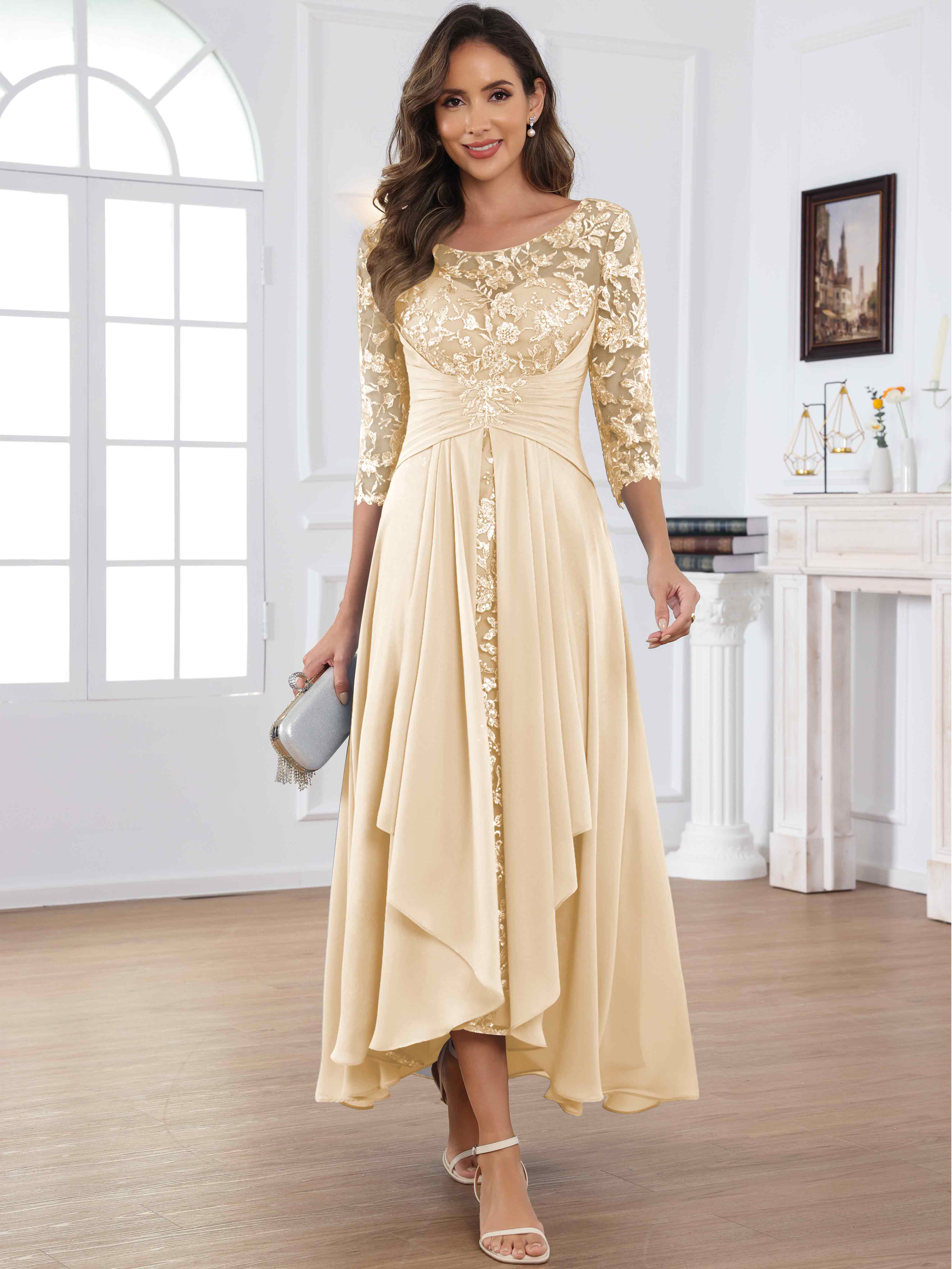 ROVDESY Tea Length Lace Chiffon Mother of The Bride Dress with 3/4 Sleeves