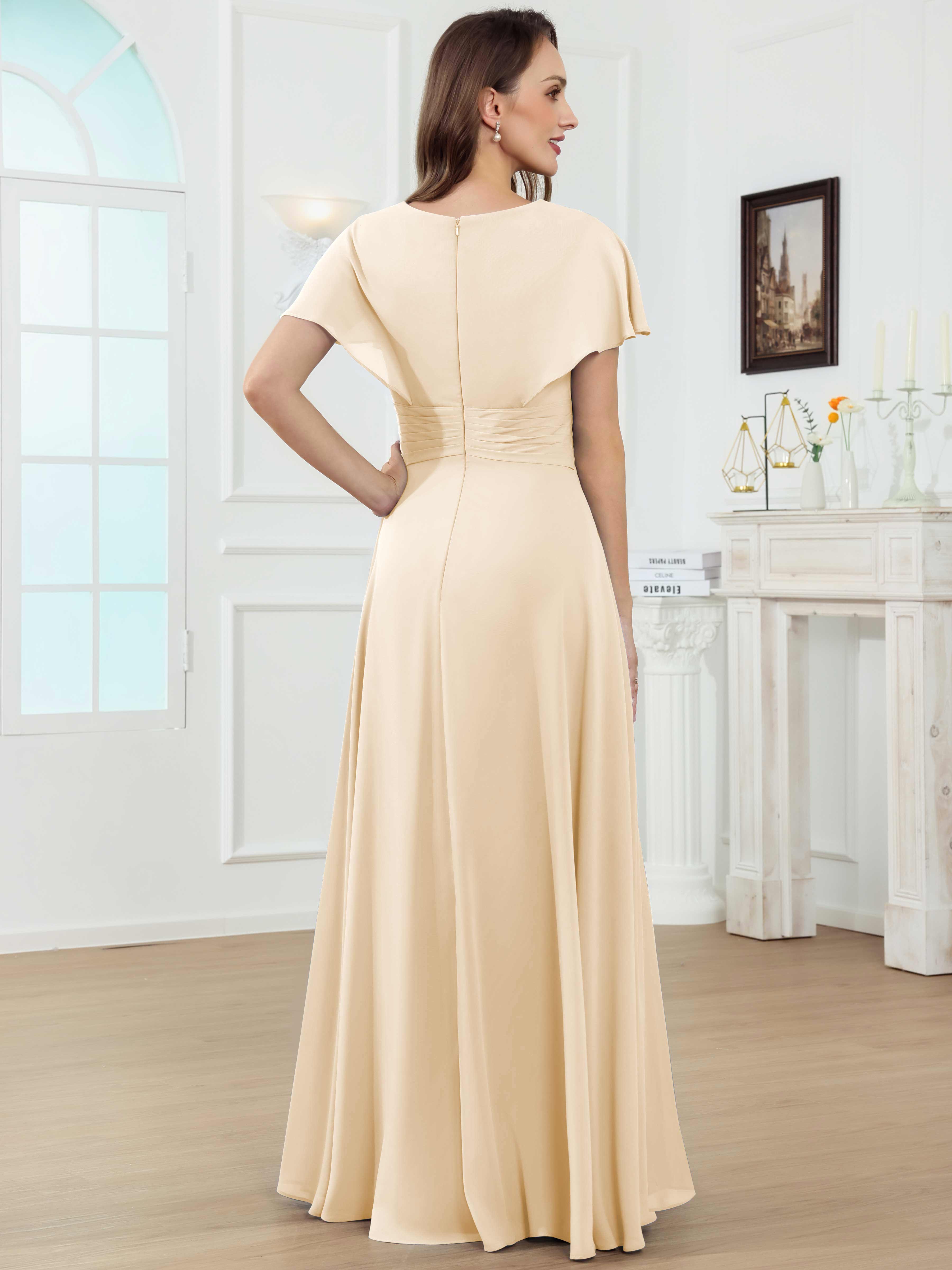 ROVDESY A-Line V-Neck Pleated Lace Chiffon Mother Of The Bride Dress With Short Sleeves