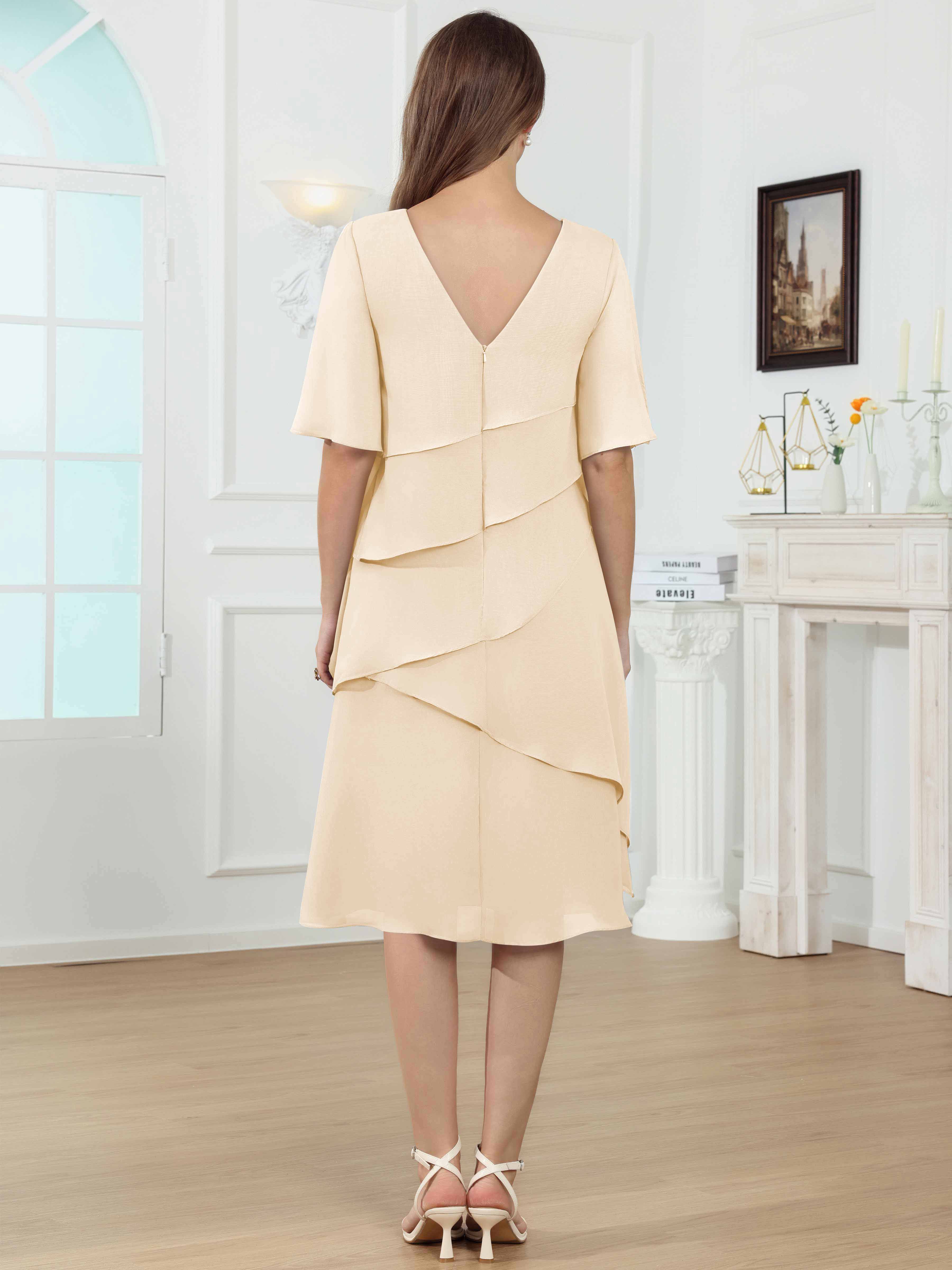 ROVDESY Knee Length Tiered Ruffle Chiffon Mother Of The Bride Dress With Half Sleeves
