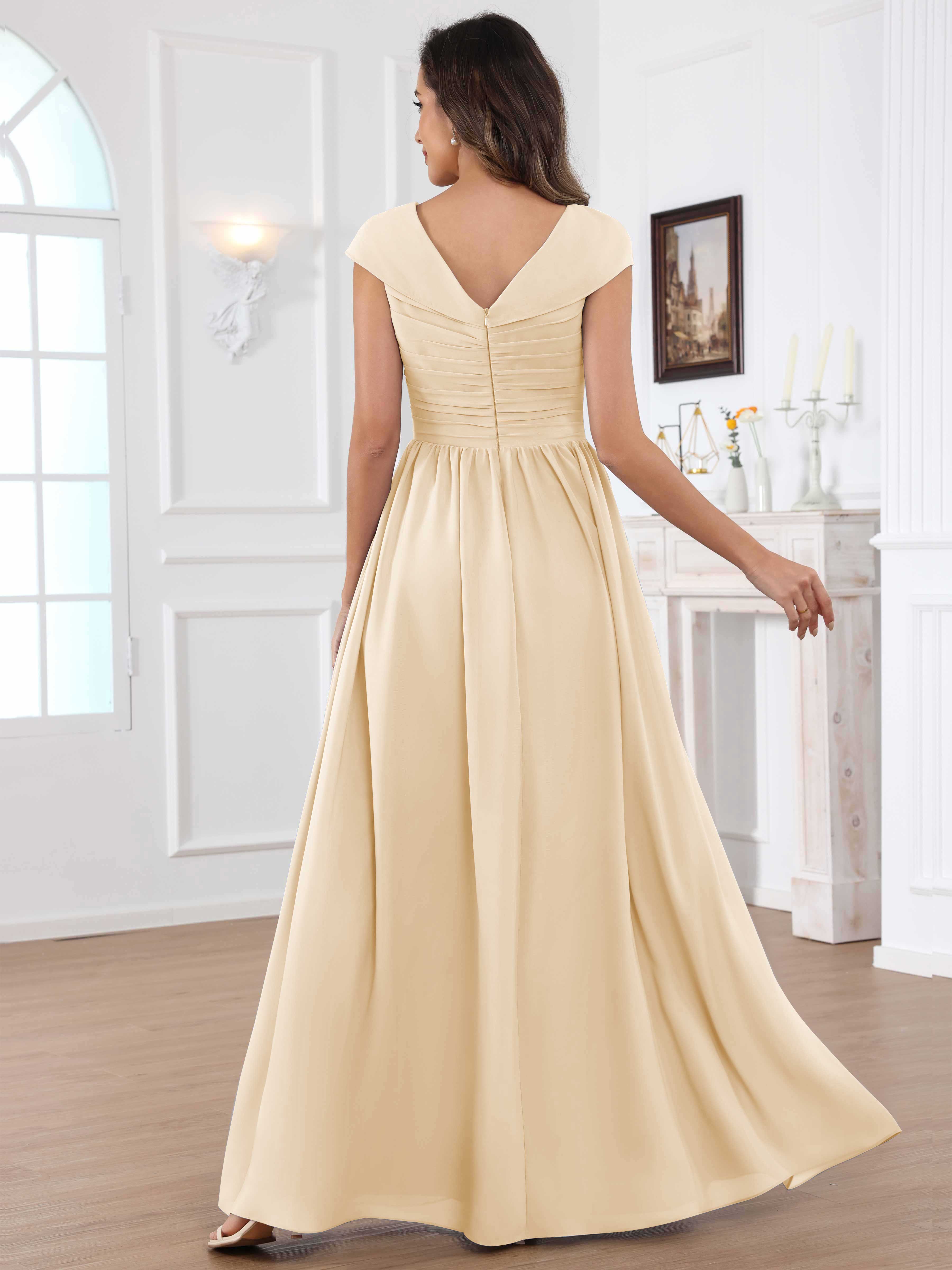 ROVDESY A-Line Cap Sleeves Pleated Chiffon Mother Of The Bride Dress