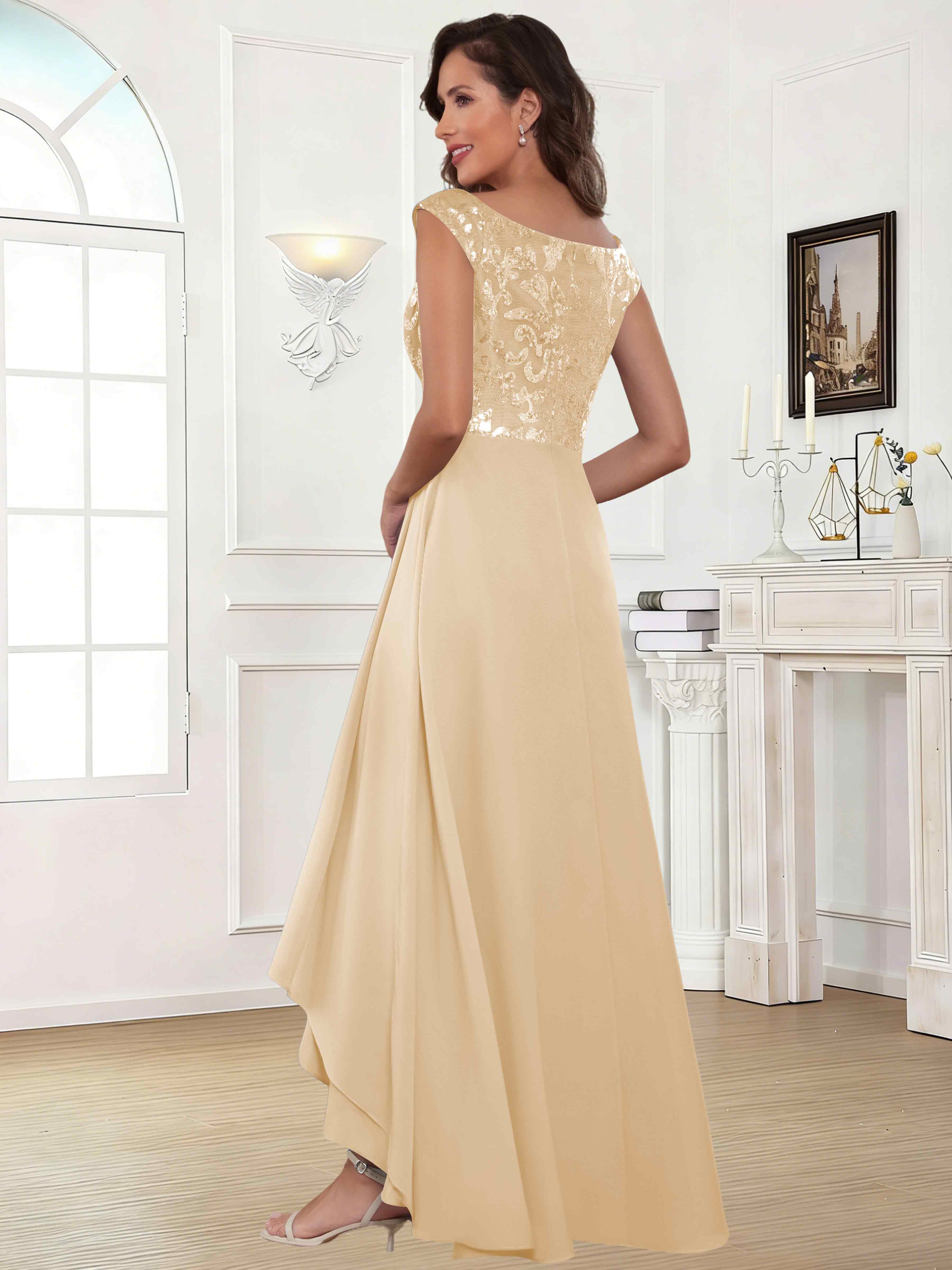 ROVDESY Tea Length Off-The-Shoulder Sequin Chiffon Mother Of The Bride Dress