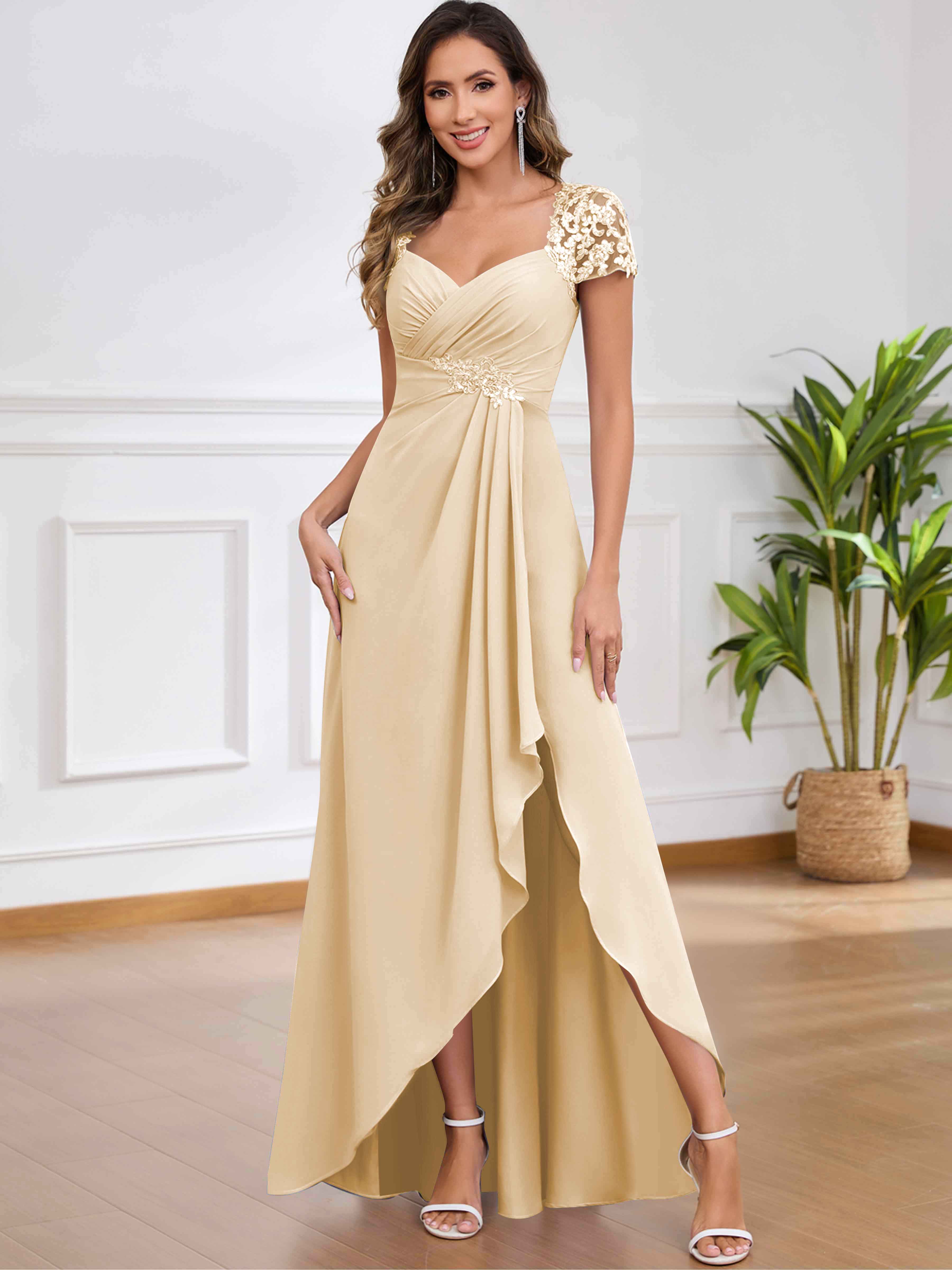 ROVDESY A-Line Pleated Lace Sequin Ruffle Chiffon Mother Of The Bride Dress With Slit