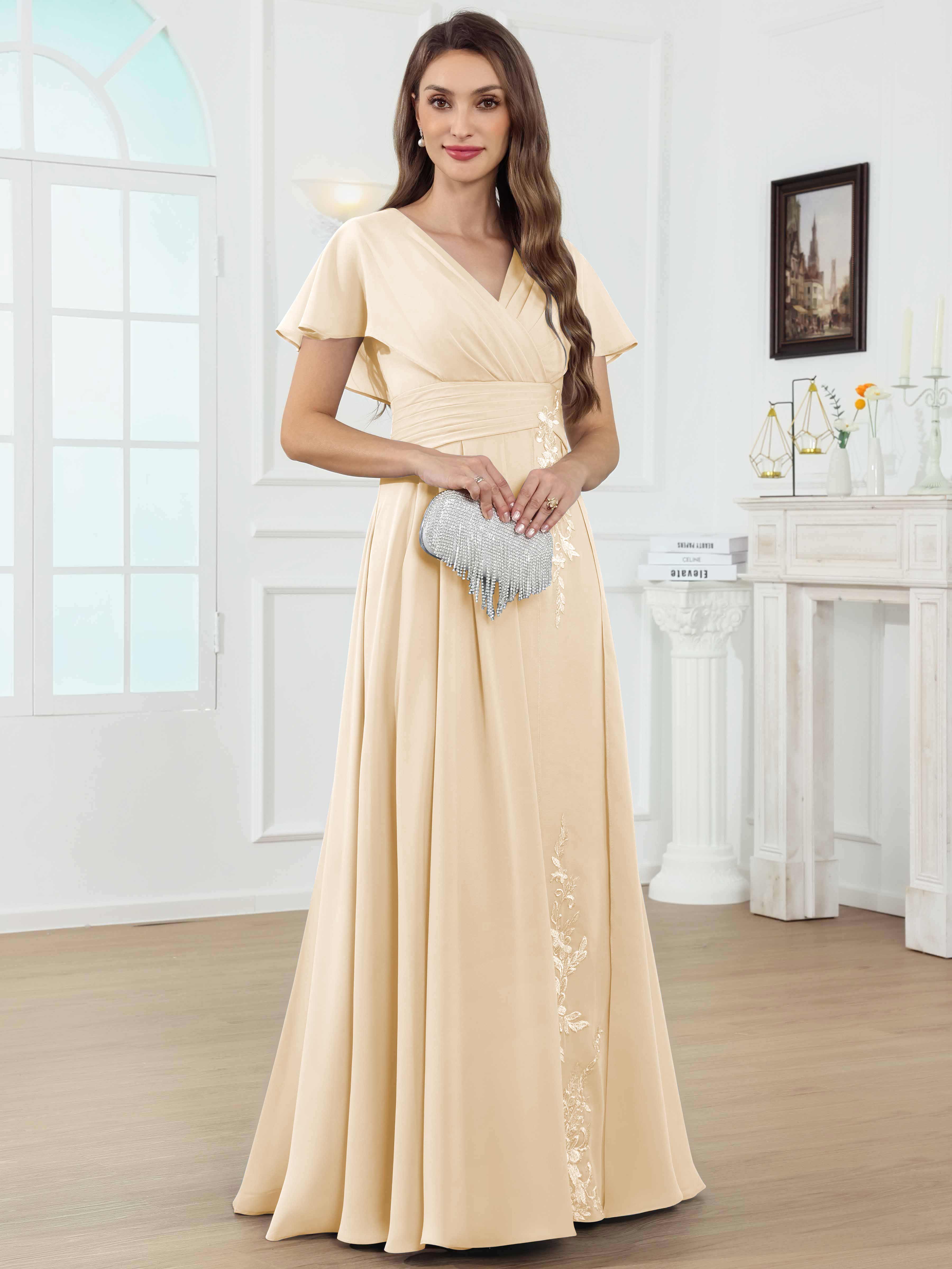 ROVDESY A-Line V-Neck Pleated Lace Chiffon Mother Of The Bride Dress With Short Sleeves