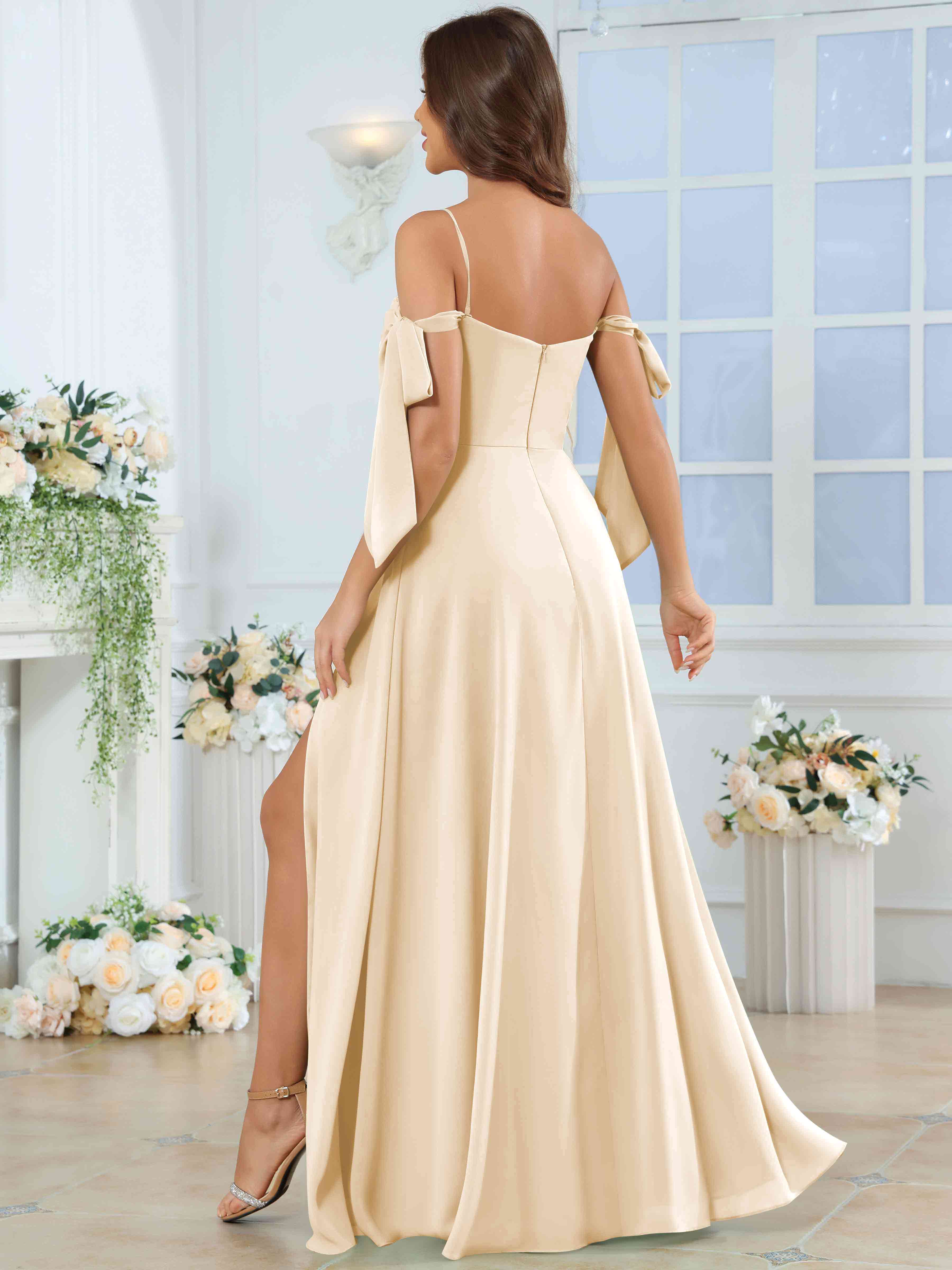 ROVDESY Spaghetti Strap Pleated Ruffle Slit Chiffon Bridesmaid Dress With Bow Sleeves