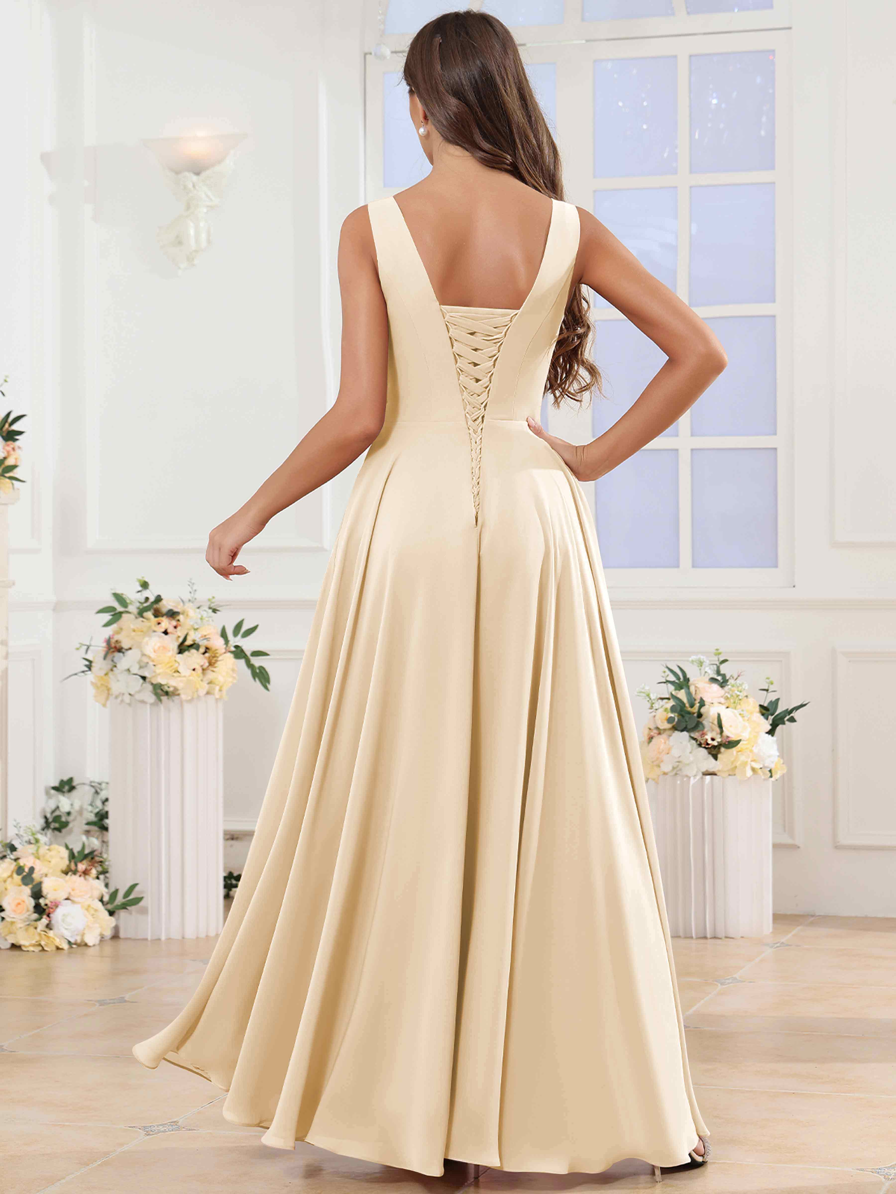ROVDESY V-Neck Pleated Sleeveless Ruffle Chiffon Bridesmaid Dress With Slit