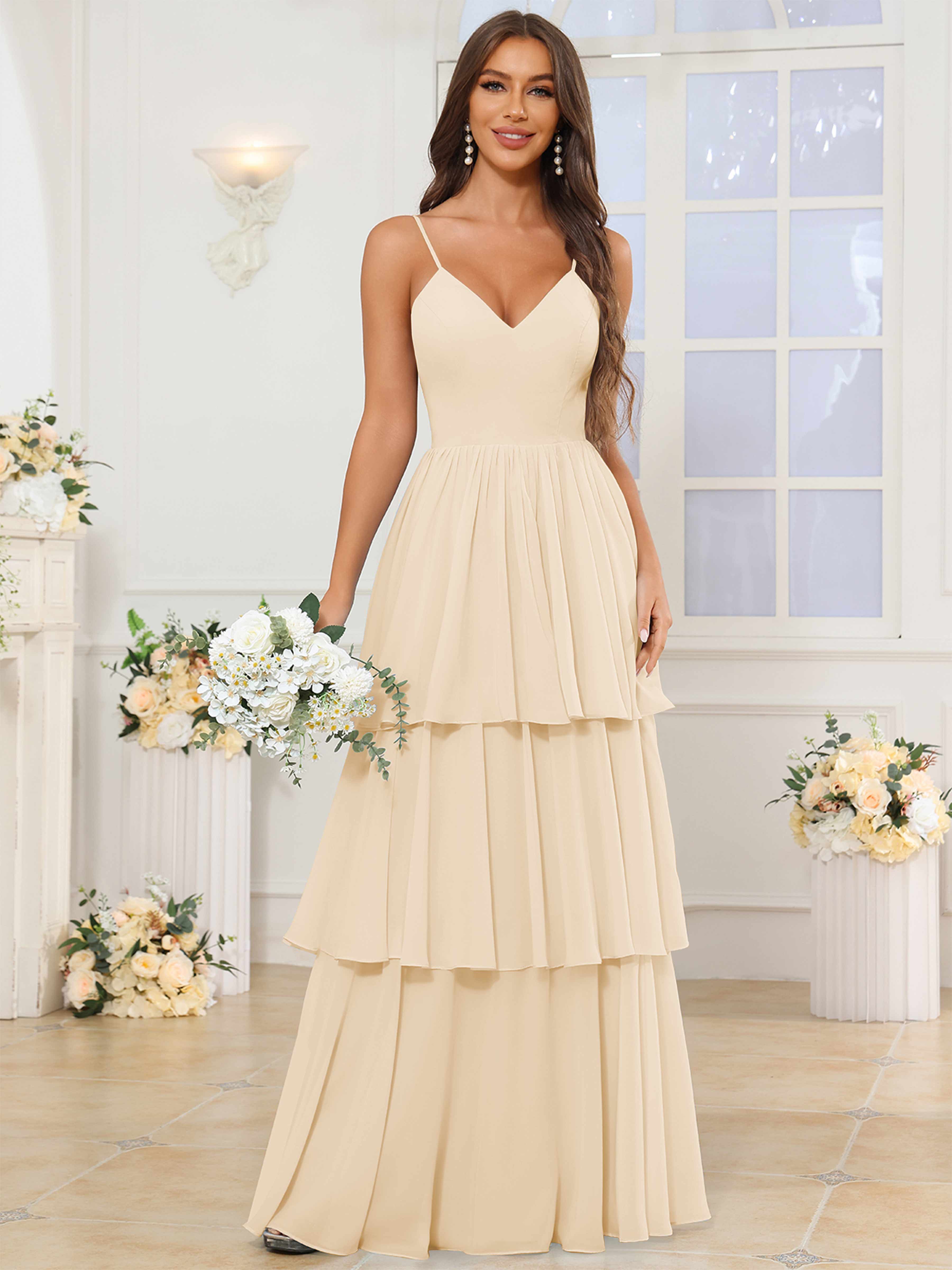 ROVDESY V-Neck Spaghetti Straps Tiered Chiffon Bridesmaid Dress With Ruffles