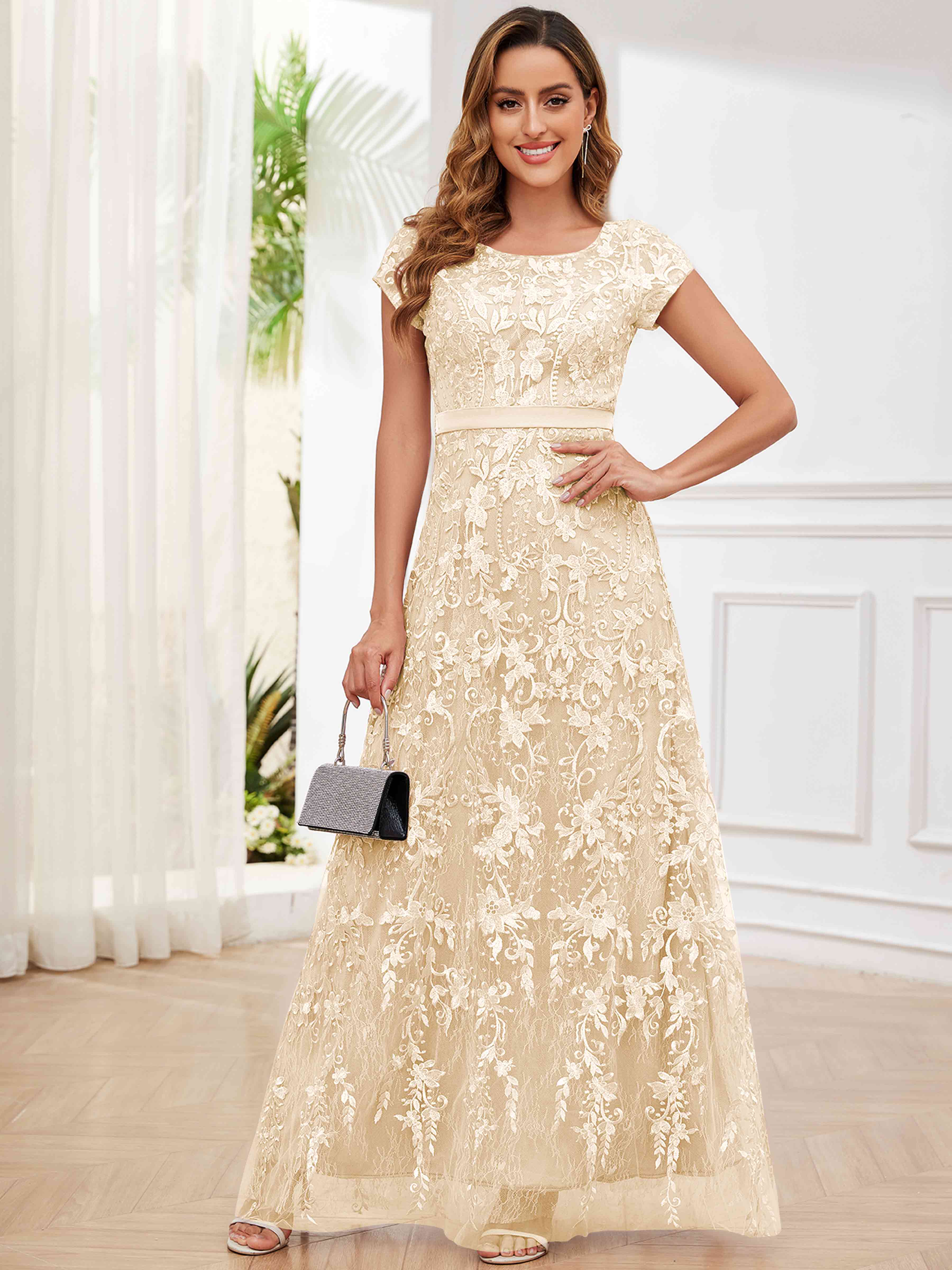 ROVDESY Elegant Lace Mother Of The Bride Dress With Short Sleeves Formal Gown