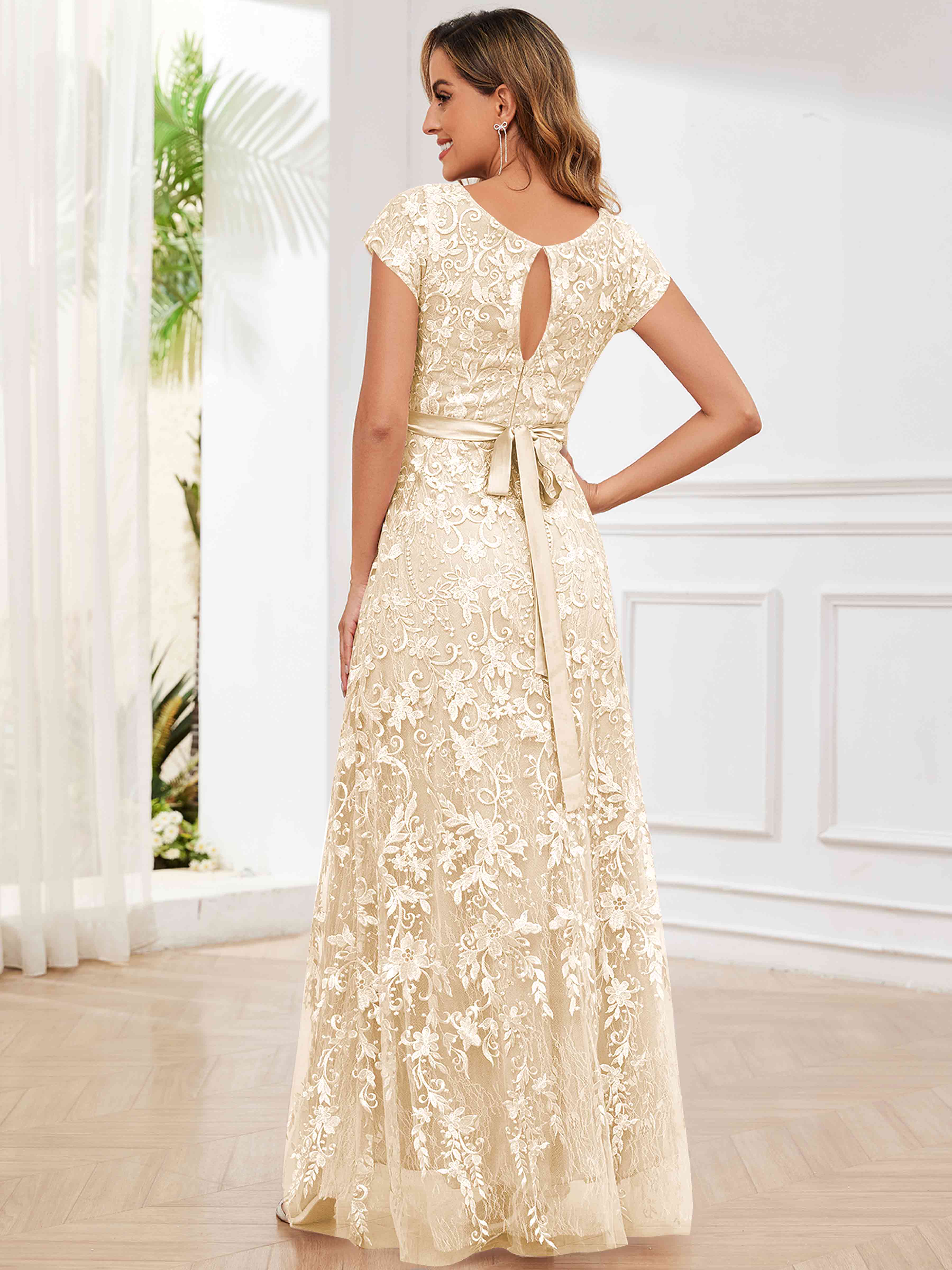 ROVDESY Elegant Lace Mother Of The Bride Dress With Short Sleeves Formal Gown