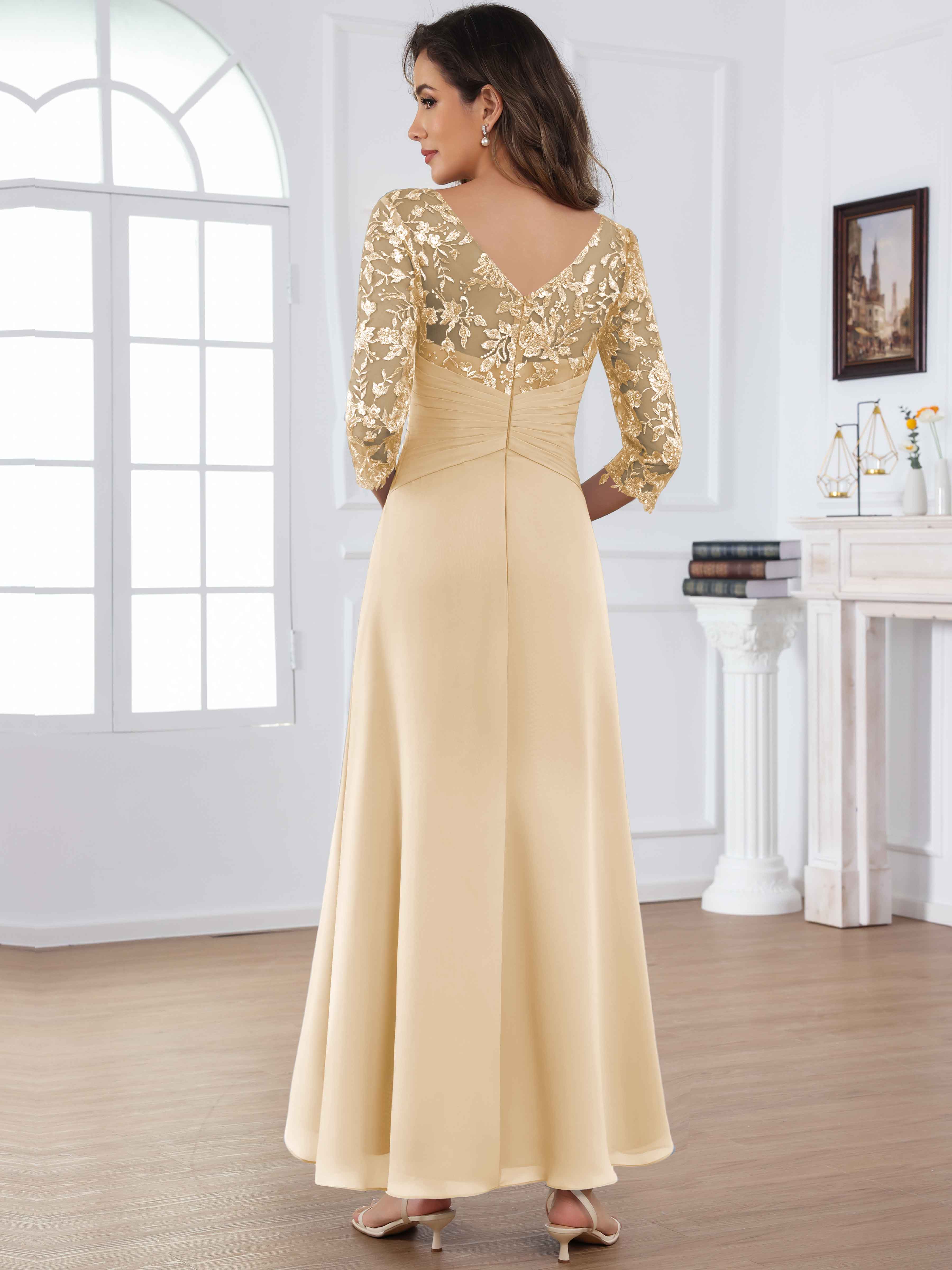 ROVDESY Tea Length Lace Chiffon Mother of The Bride Dress with 3/4 Sleeves