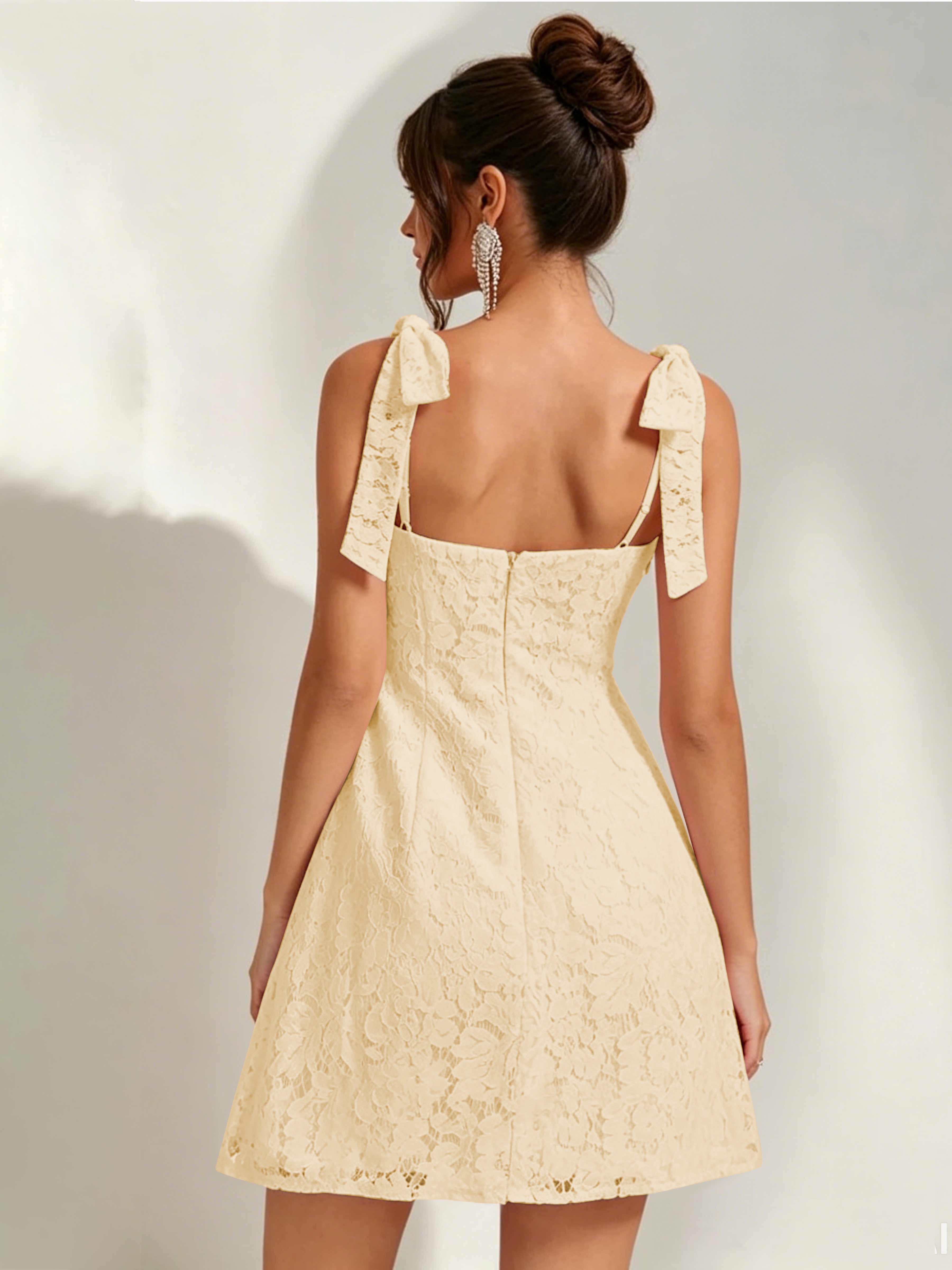 ROVDESY Bow Tie Spaghetti Strap A-Line  Floral Lace Mini Dress