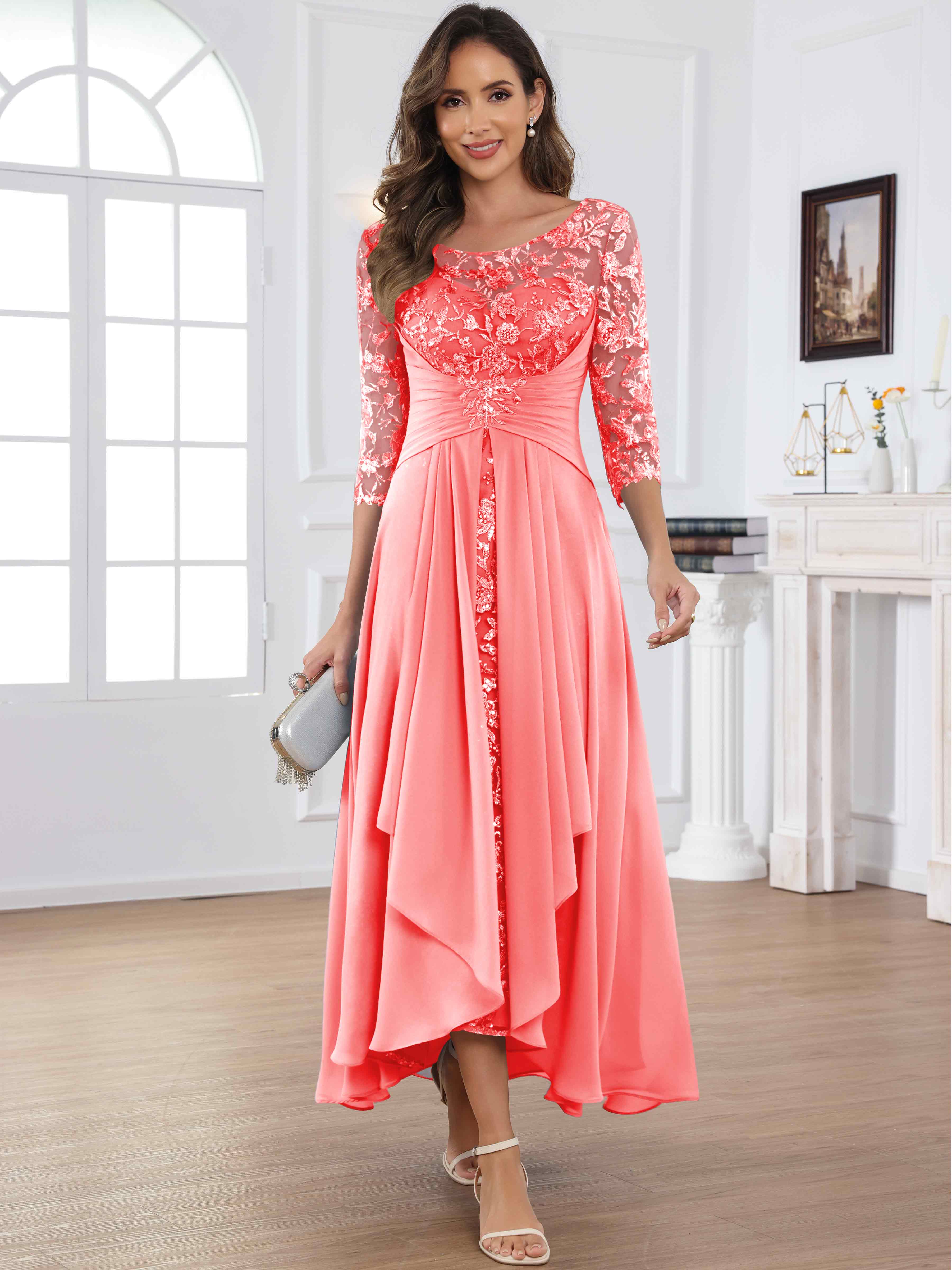ROVDESY Tea Length Lace Chiffon Mother of The Bride Dress with 3/4 Sleeves