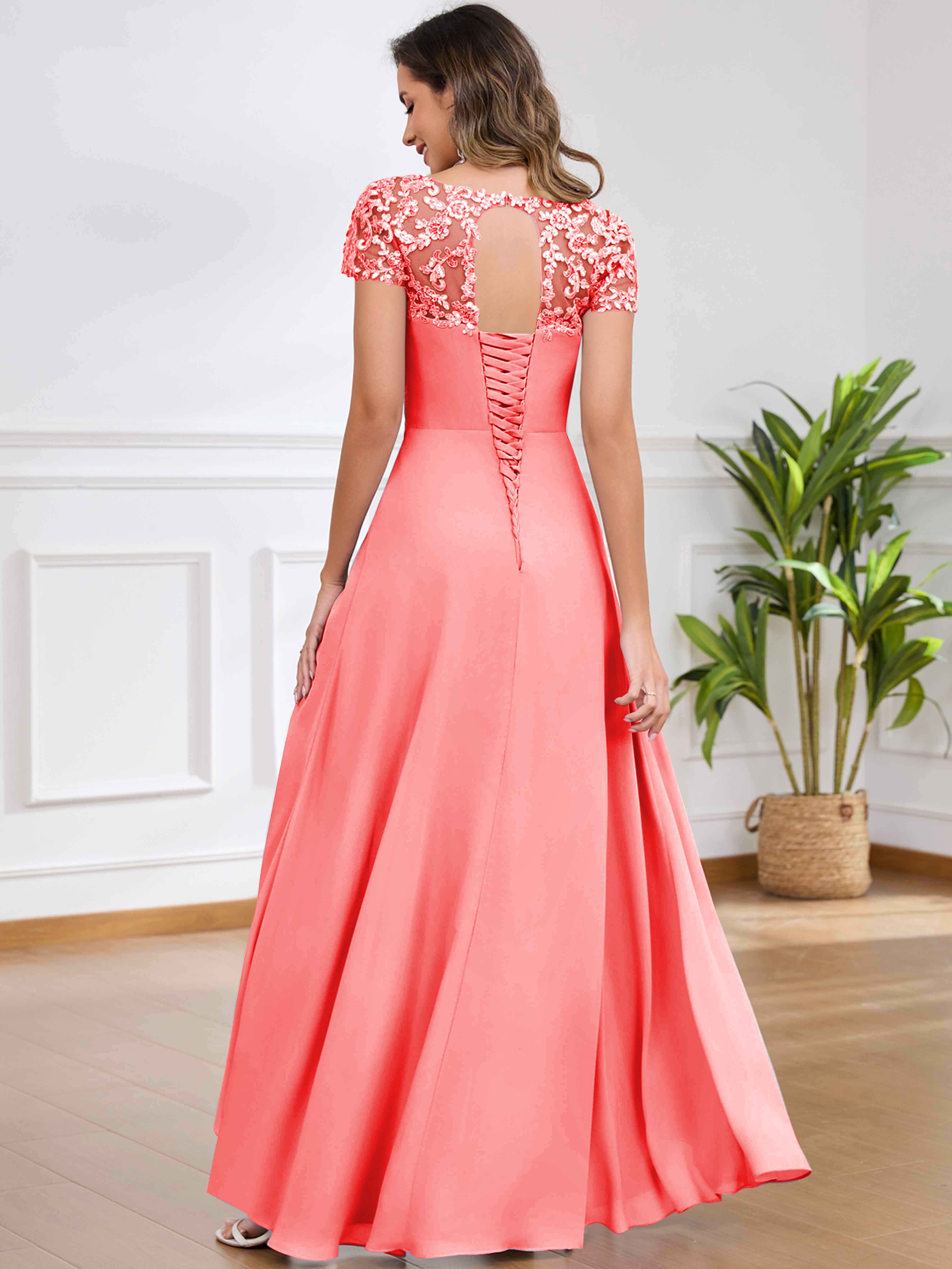ROVDESY A-Line Pleated Lace Sequin Ruffle Chiffon Mother Of The Bride Dress With Slit
