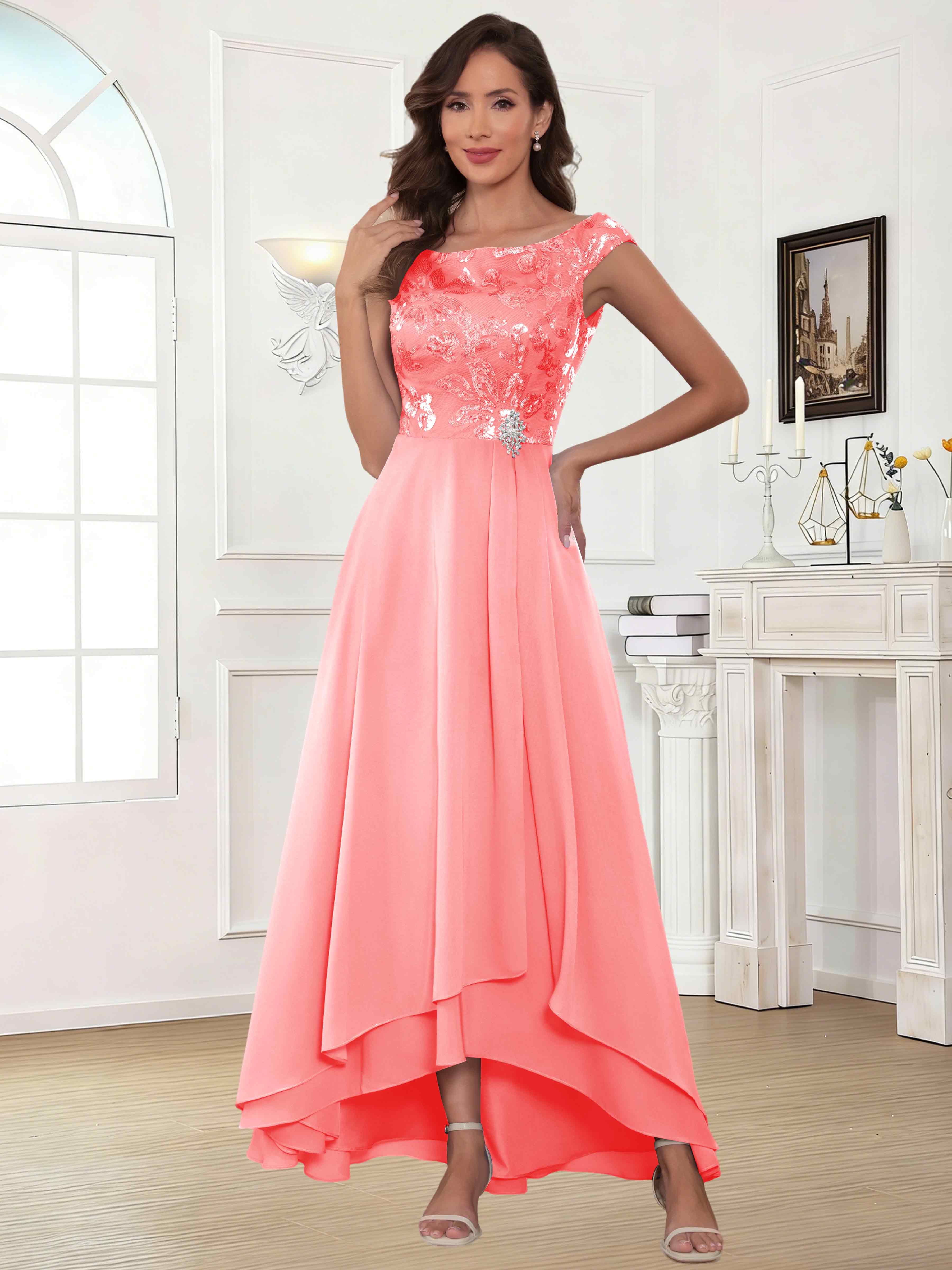 ROVDESY Tea Length Off-The-Shoulder Sequin Chiffon Mother Of The Bride Dress