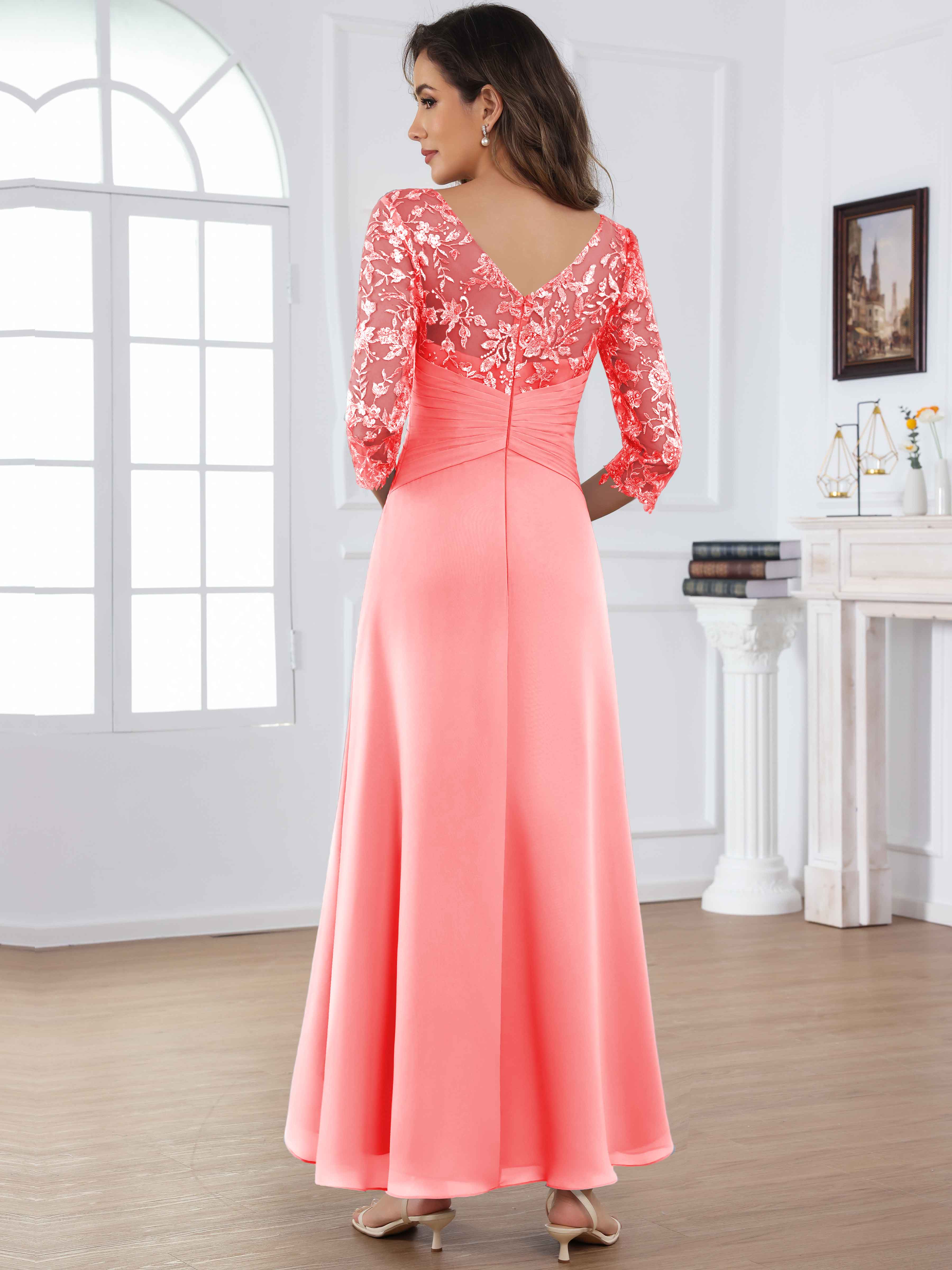 ROVDESY Tea Length Lace Chiffon Mother of The Bride Dress with 3/4 Sleeves