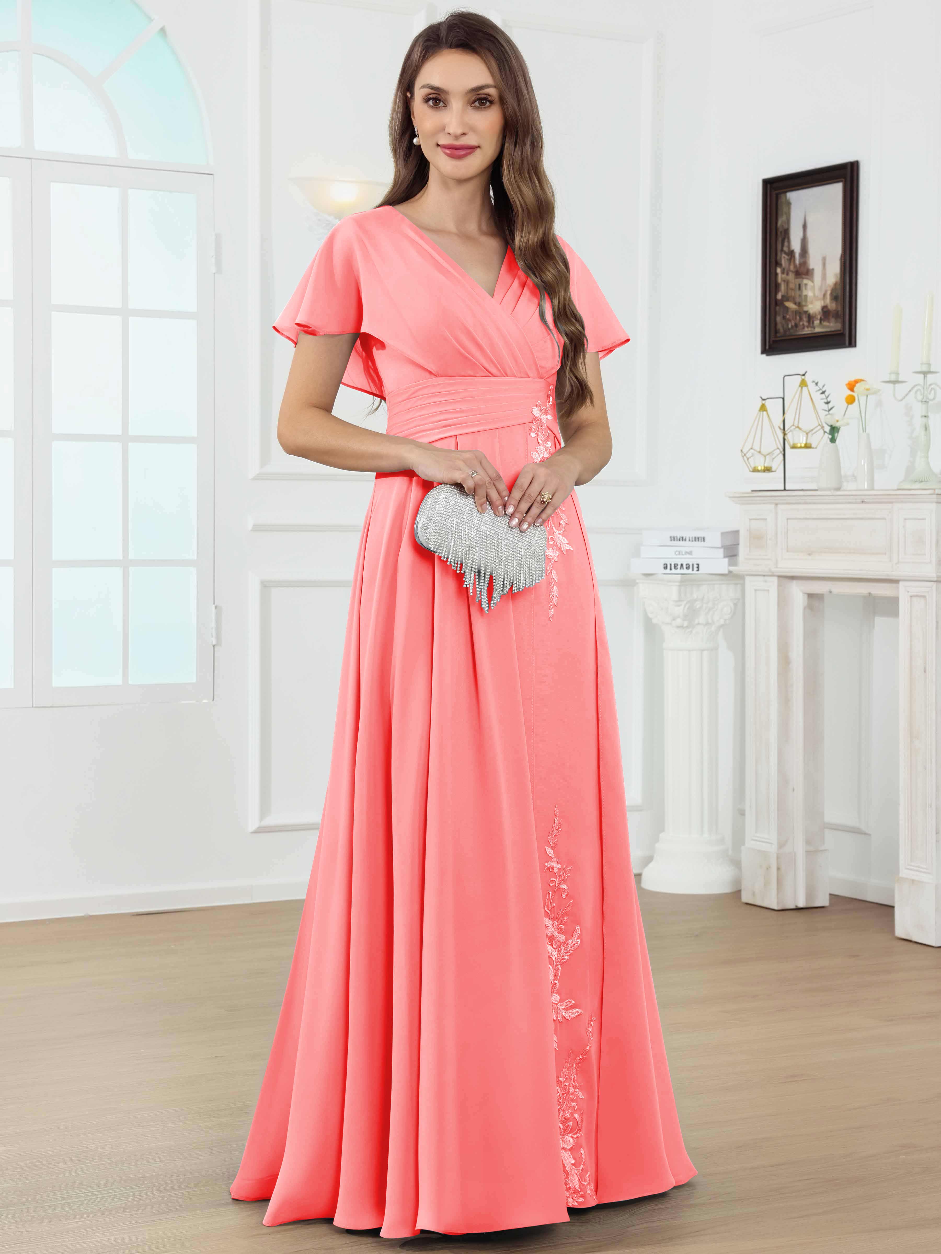 ROVDESY A-Line V-Neck Pleated Lace Chiffon Mother Of The Bride Dress With Short Sleeves