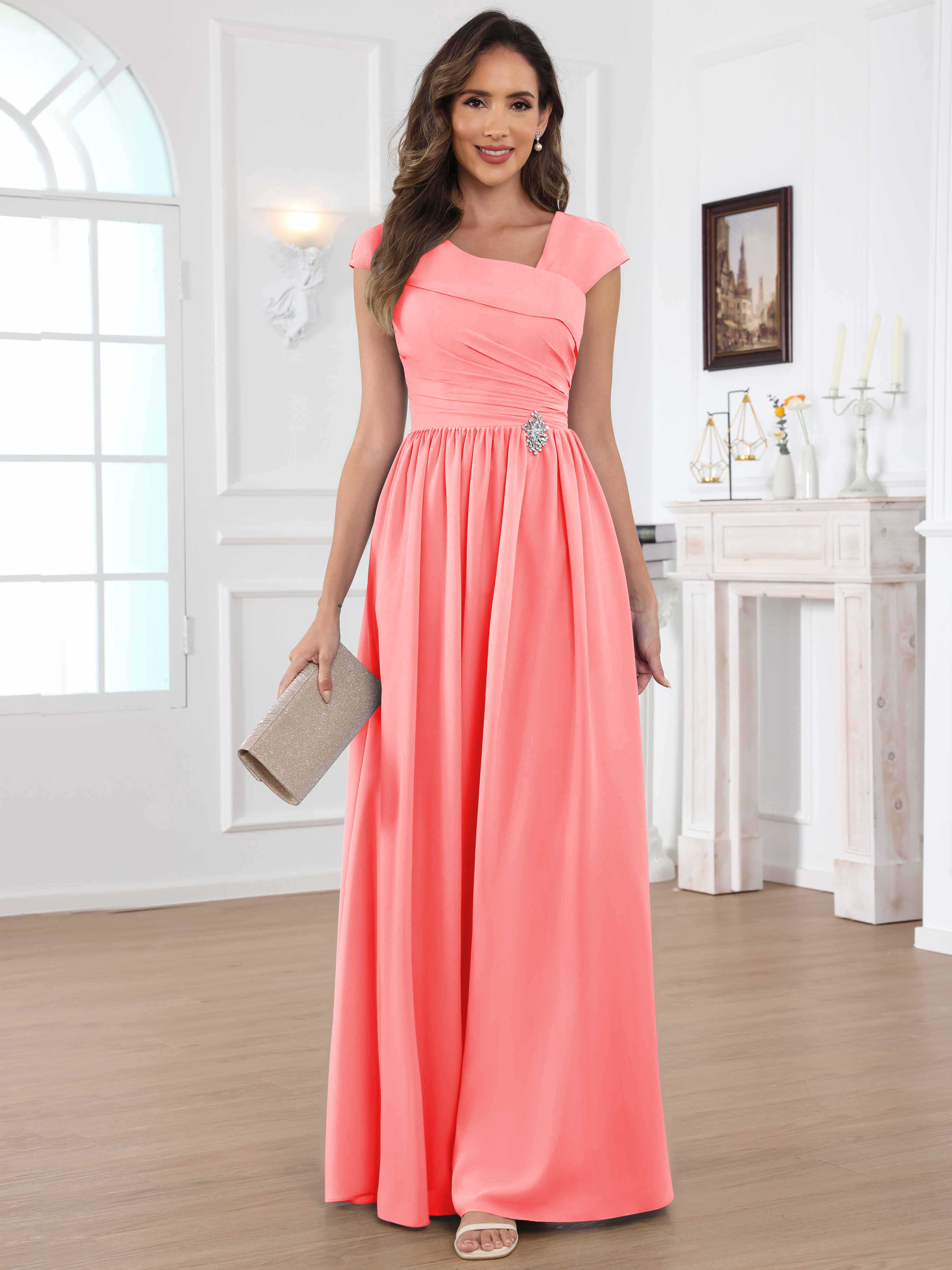 ROVDESY A-Line Cap Sleeves Pleated Chiffon Mother Of The Bride Dress