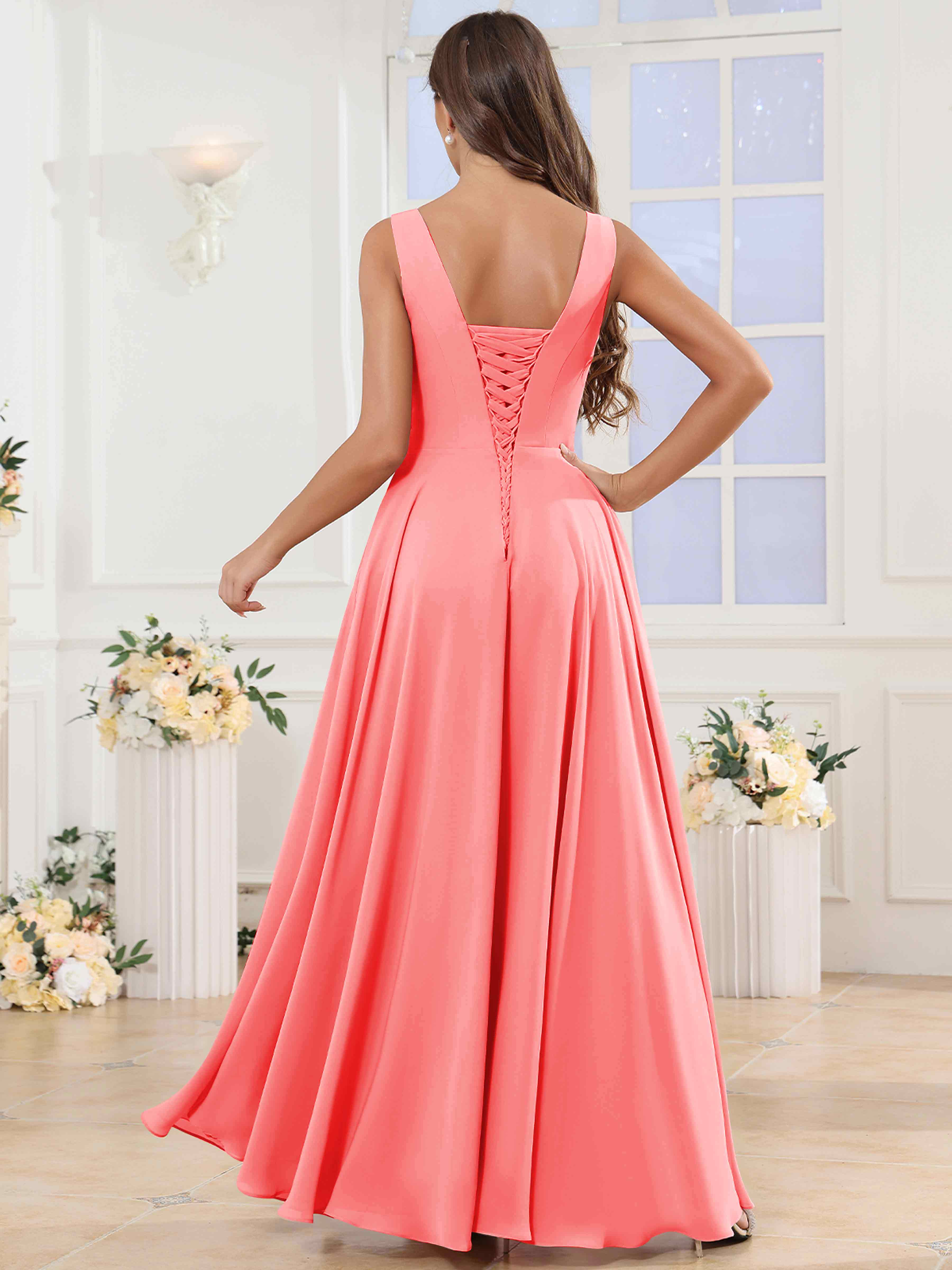 ROVDESY V-Neck Pleated Sleeveless Ruffle Chiffon Bridesmaid Dress With Slit