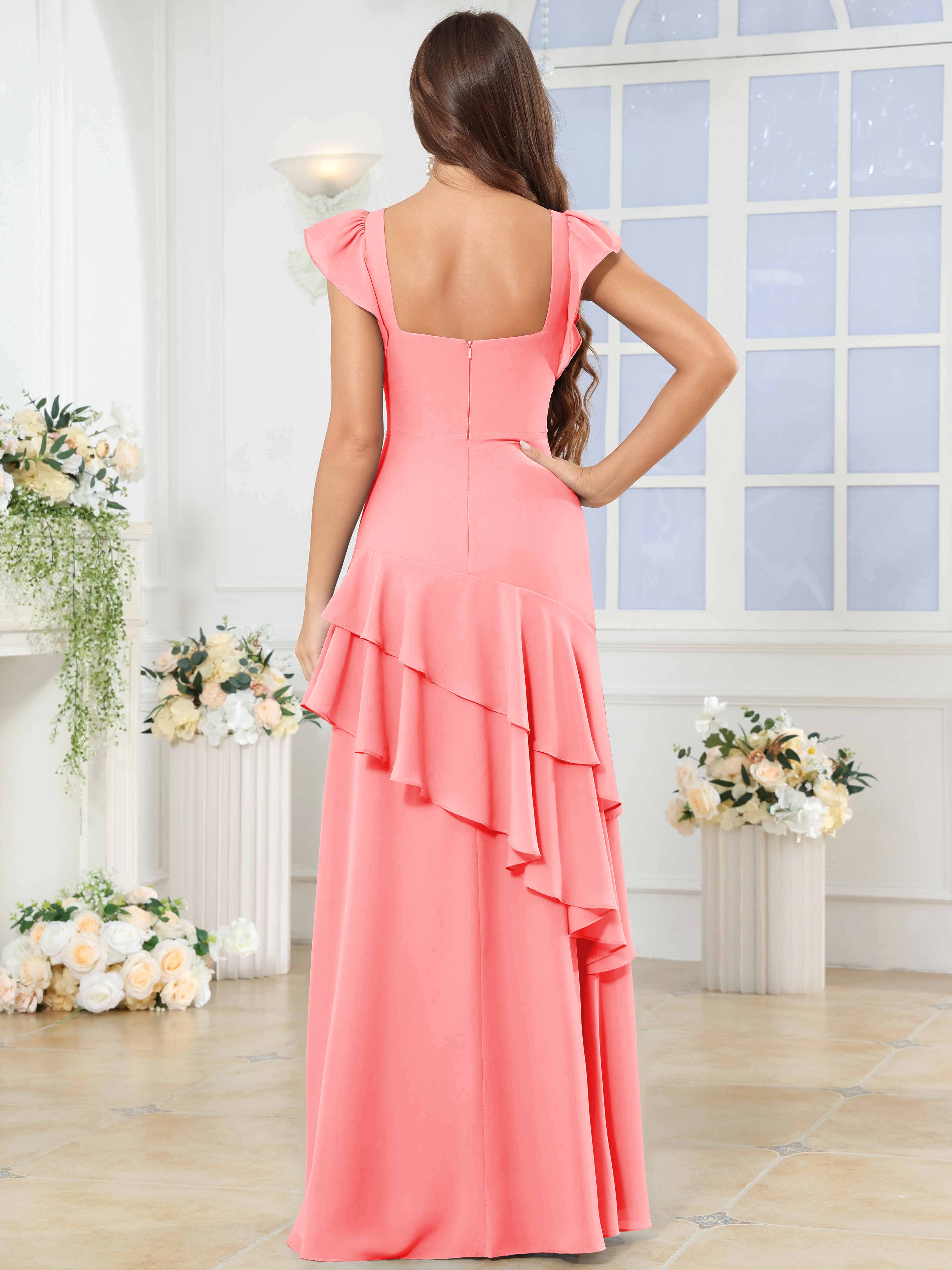 ROVDESY Sweetheart Tiered Ruffle Chiffon Bridesmaid Dress With Short Sleeves