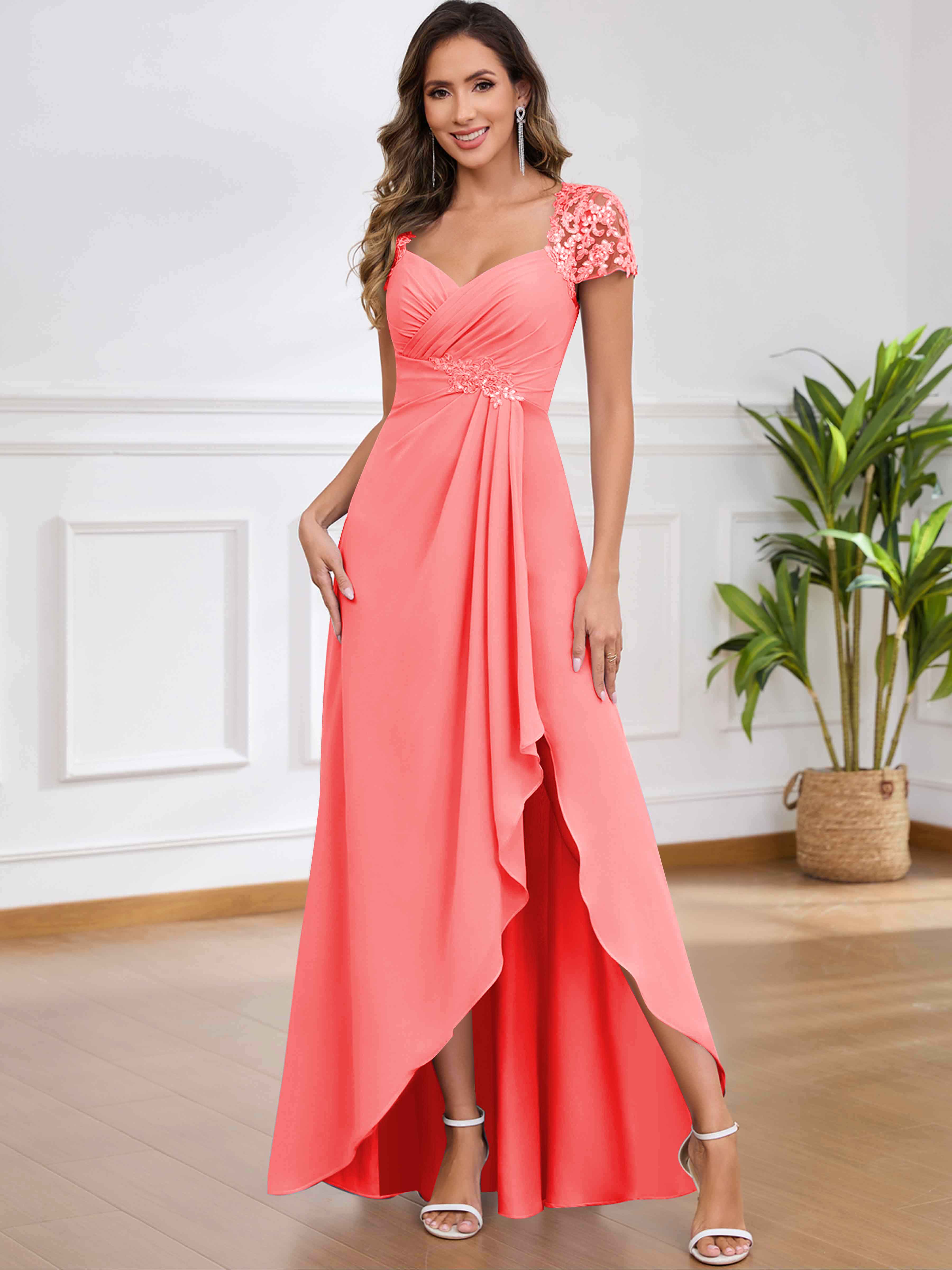 ROVDESY A-Line Pleated Lace Sequin Ruffle Chiffon Mother Of The Bride Dress With Slit