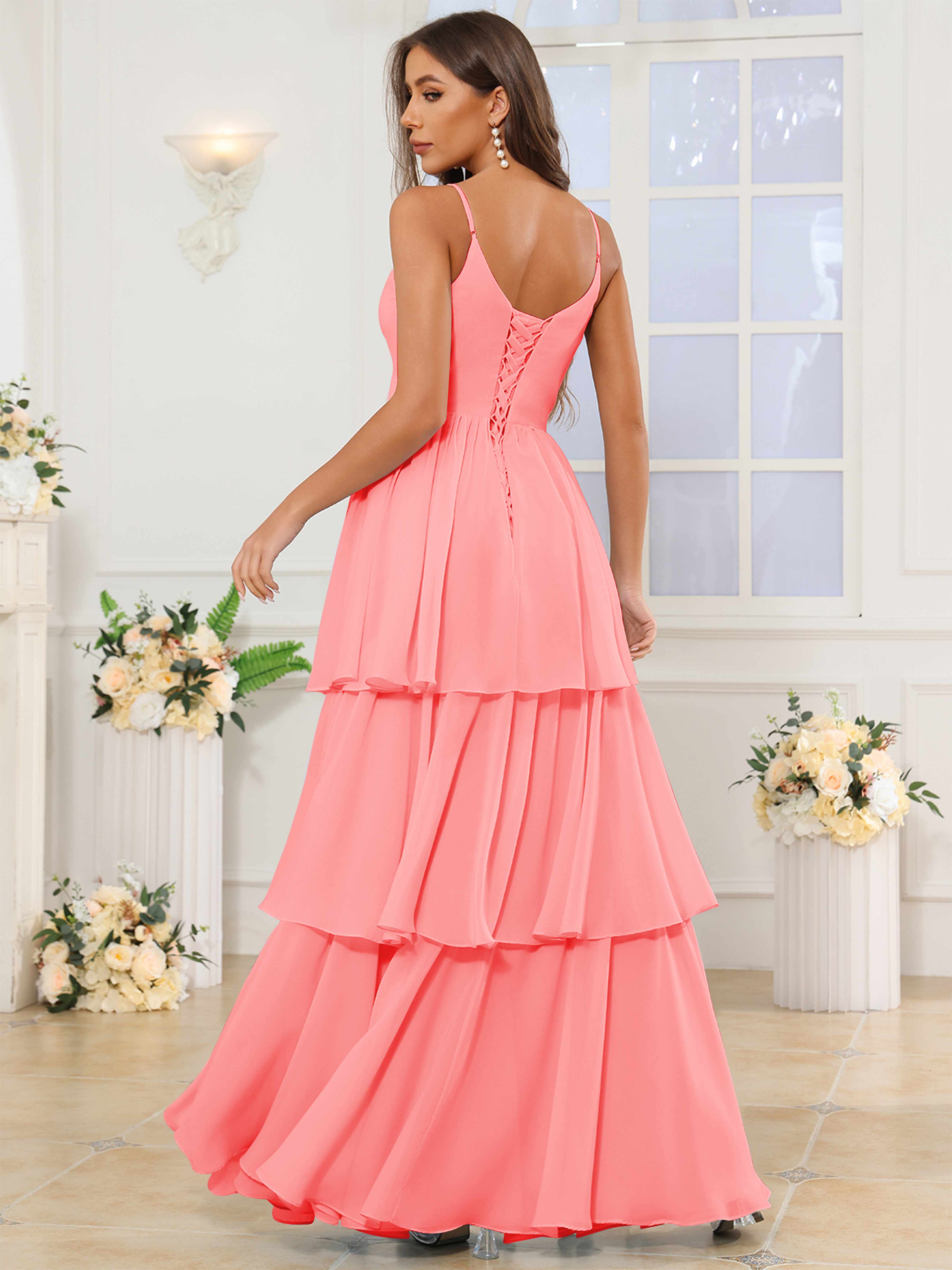 ROVDESY V-Neck Spaghetti Straps Tiered Chiffon Bridesmaid Dress With Ruffles