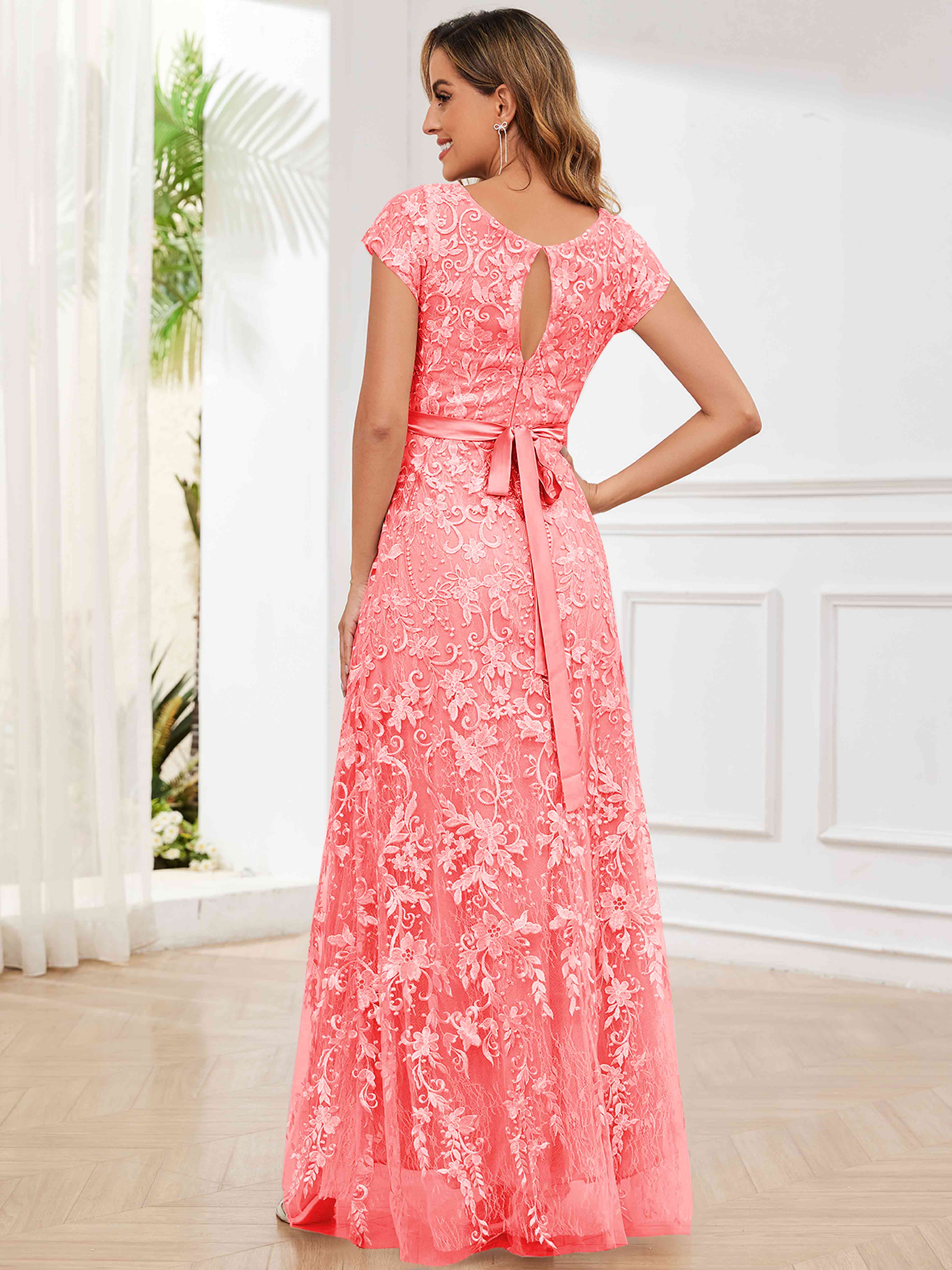 ROVDESY Elegant Lace Mother Of The Bride Dress With Short Sleeves Formal Gown