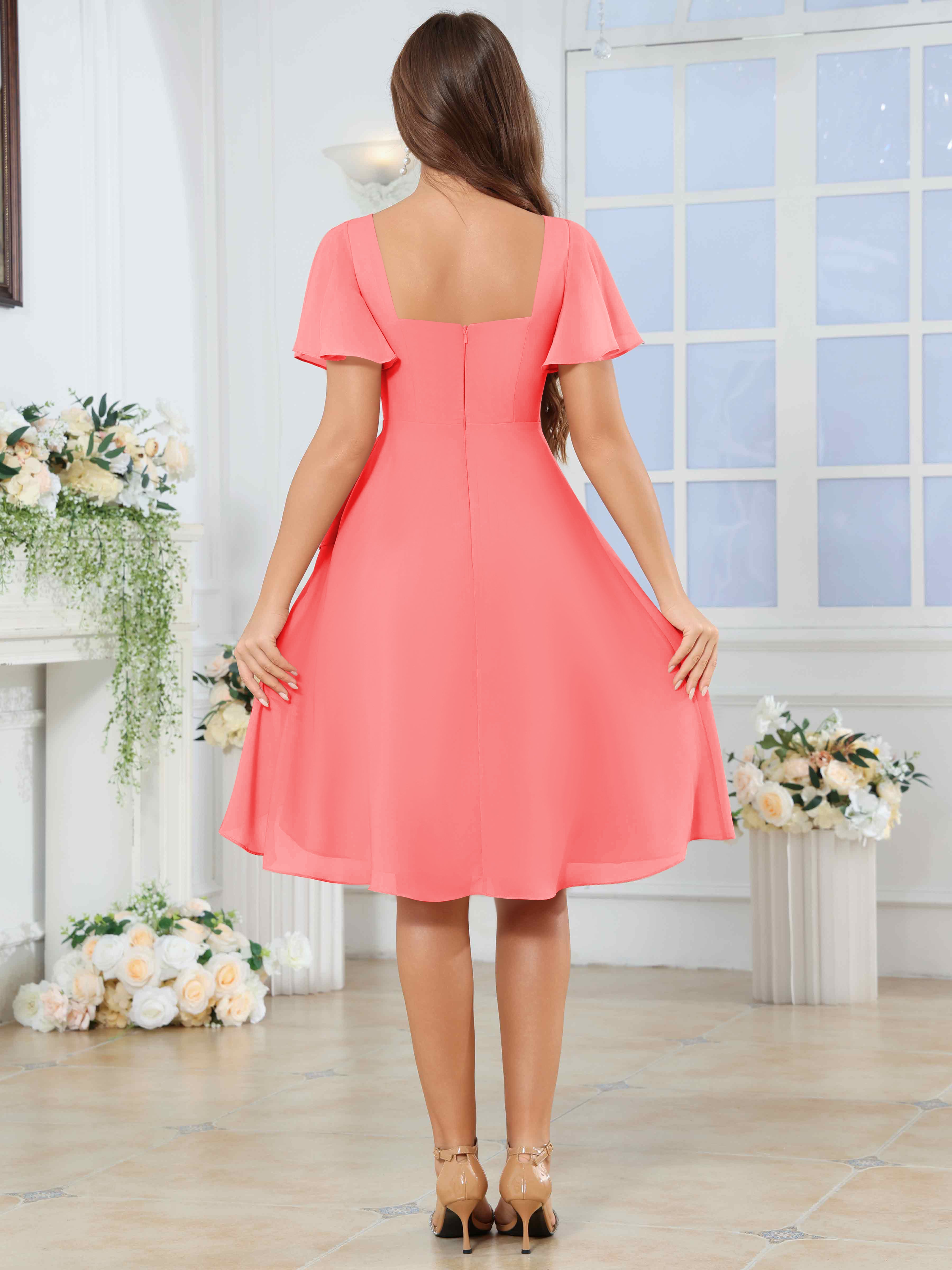 ROVDESY Knee Length V-Neck Pleated Chiffon Bridesmaid Dress With Short Sleeves