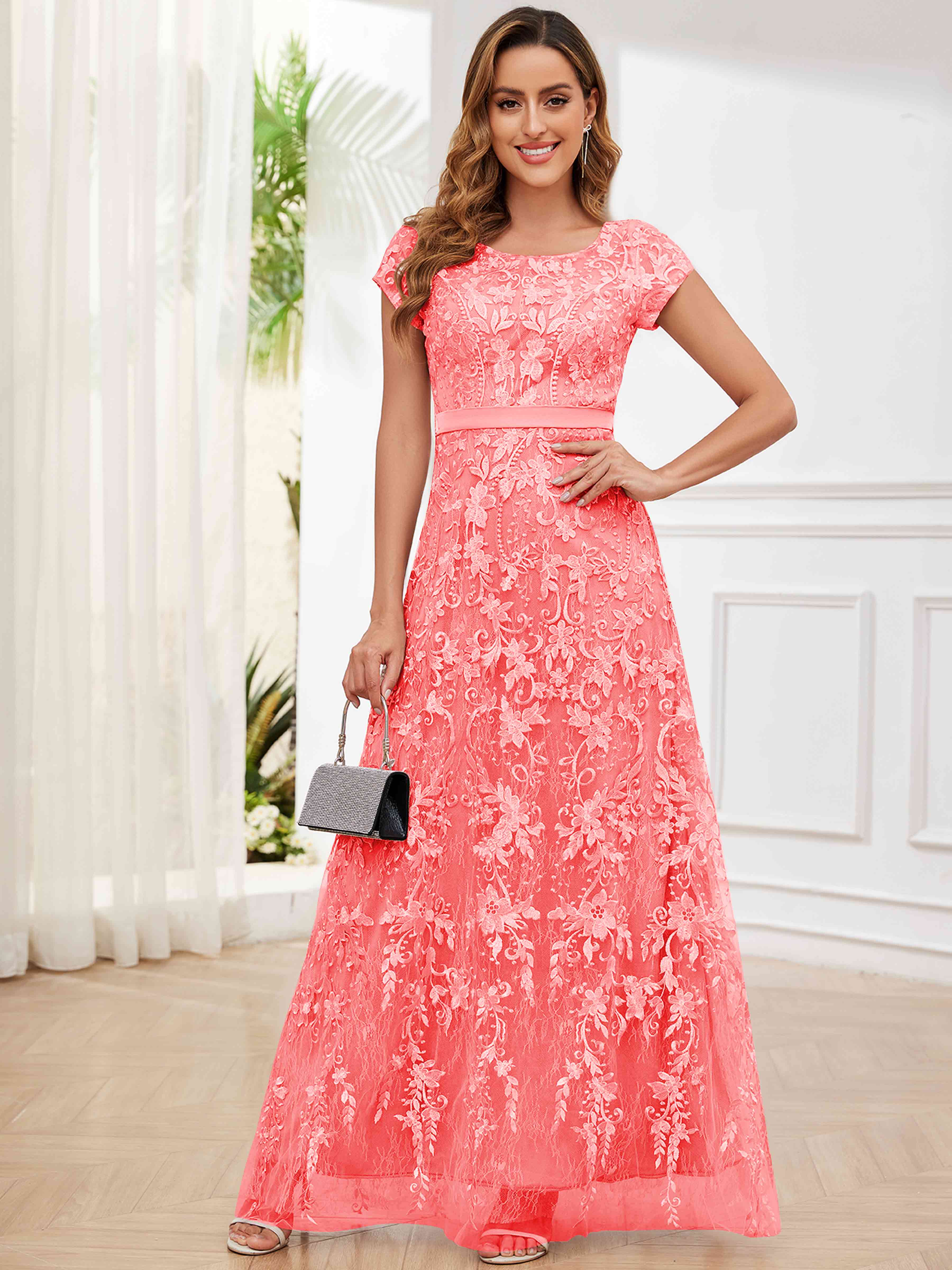 ROVDESY Elegant Lace Mother Of The Bride Dress With Short Sleeves Formal Gown
