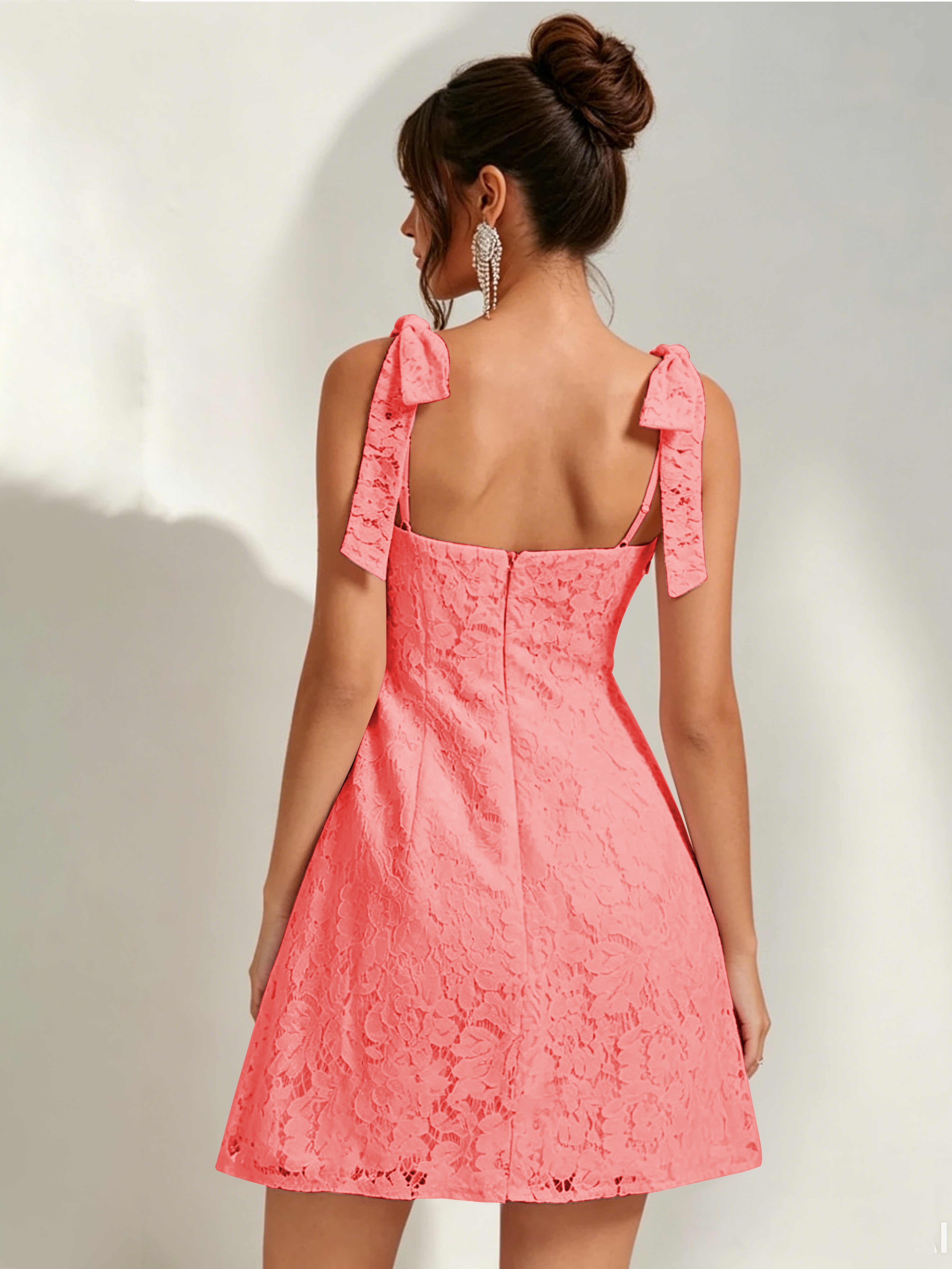 ROVDESY Bow Tie Spaghetti Strap A-Line  Floral Lace Mini Dress