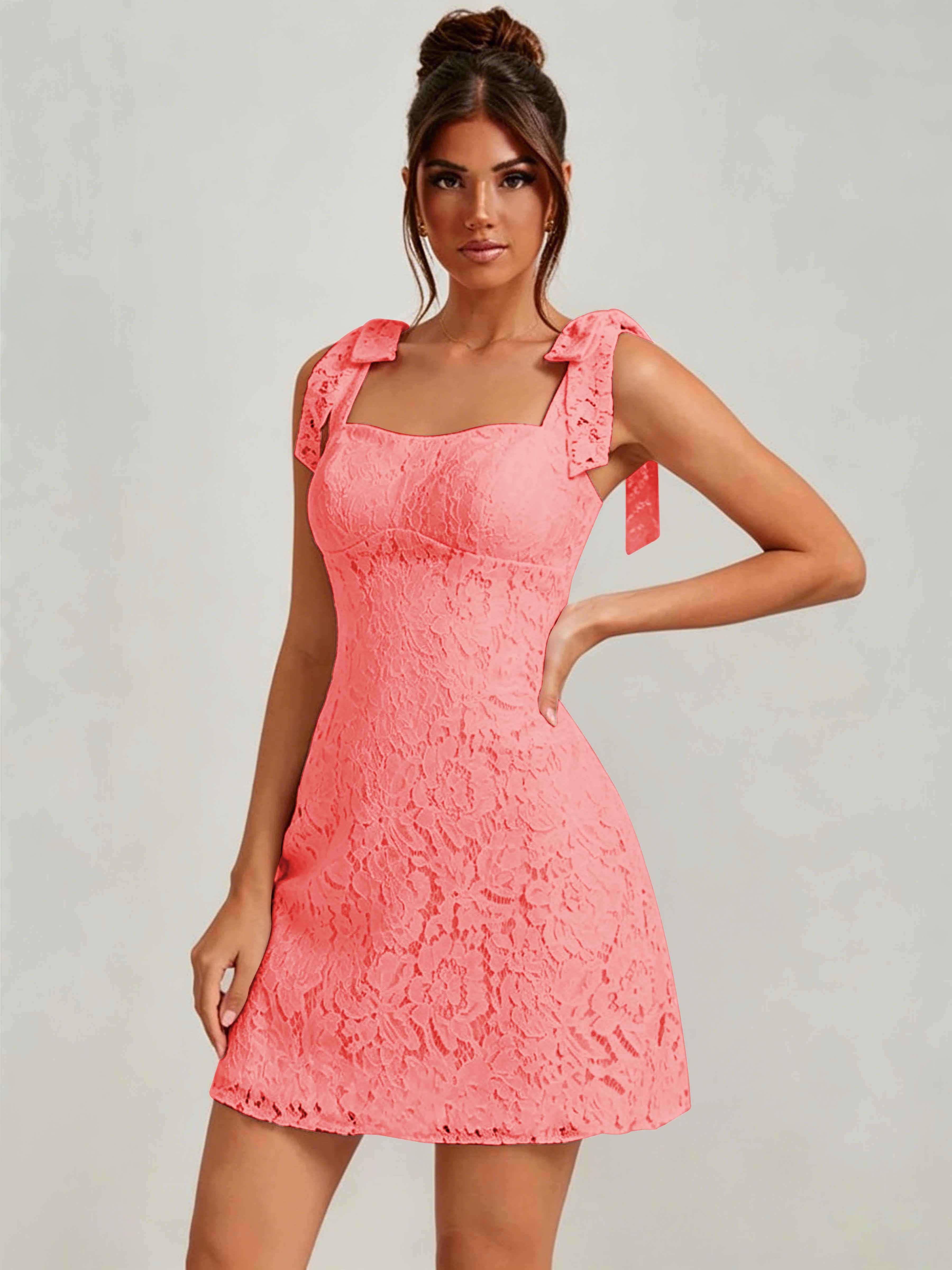 ROVDESY Bow Tie Spaghetti Strap A-Line  Floral Lace Mini Dress