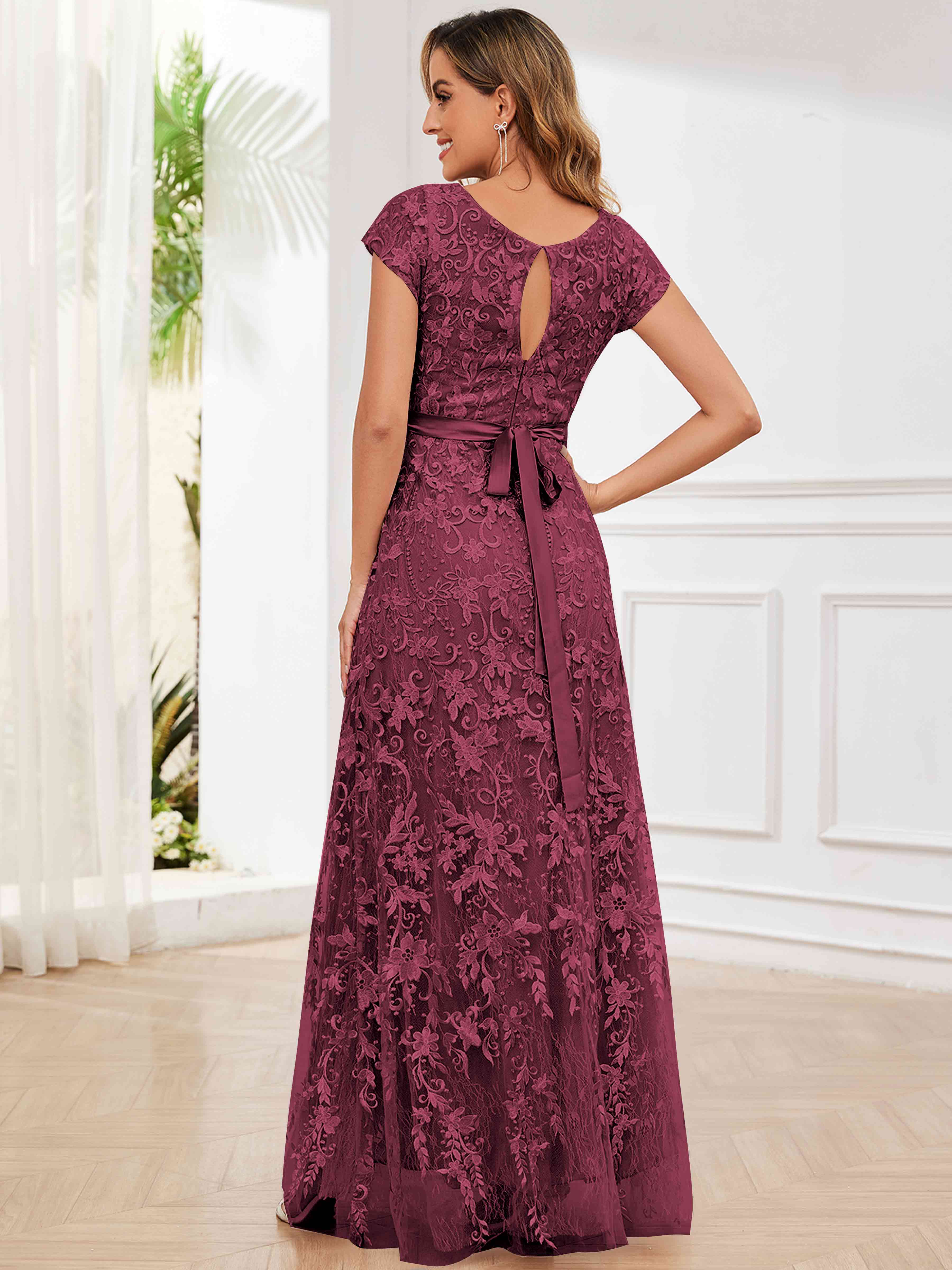 ROVDESY Elegant Lace Mother Of The Bride Dress With Short Sleeves Formal Gown