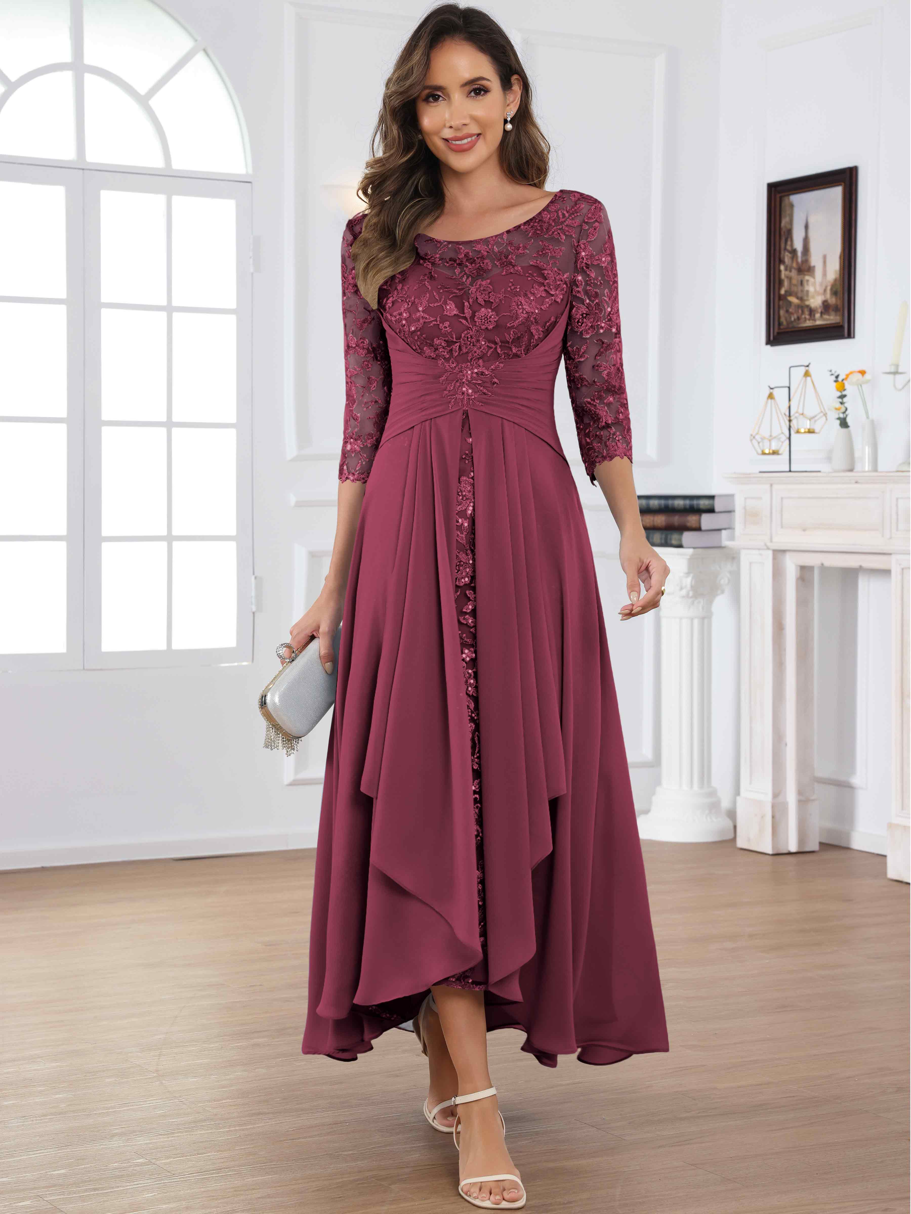 ROVDESY Tea Length Lace Chiffon Mother of The Bride Dress with 3/4 Sleeves