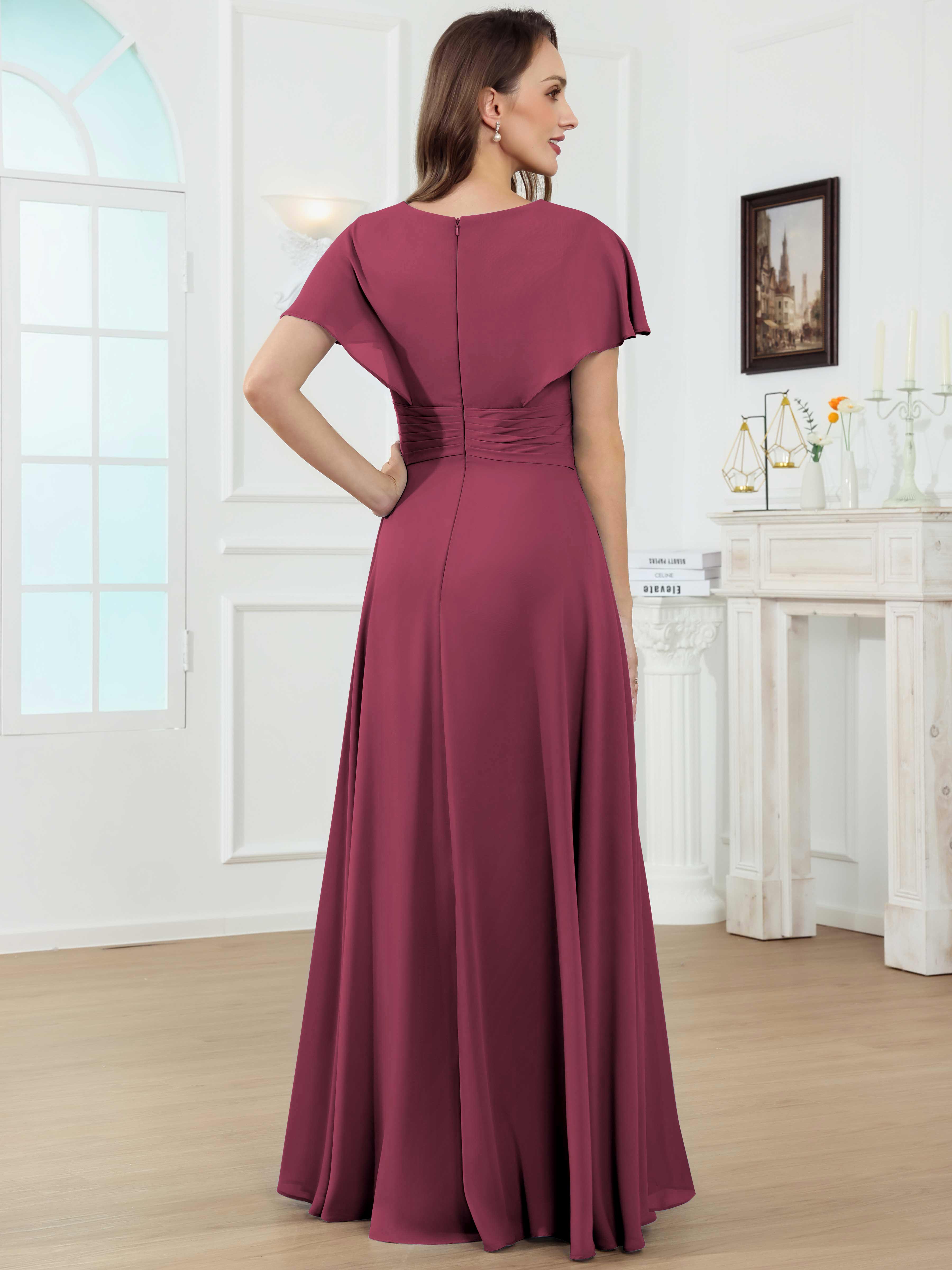 ROVDESY A-Line V-Neck Pleated Lace Chiffon Mother Of The Bride Dress With Short Sleeves