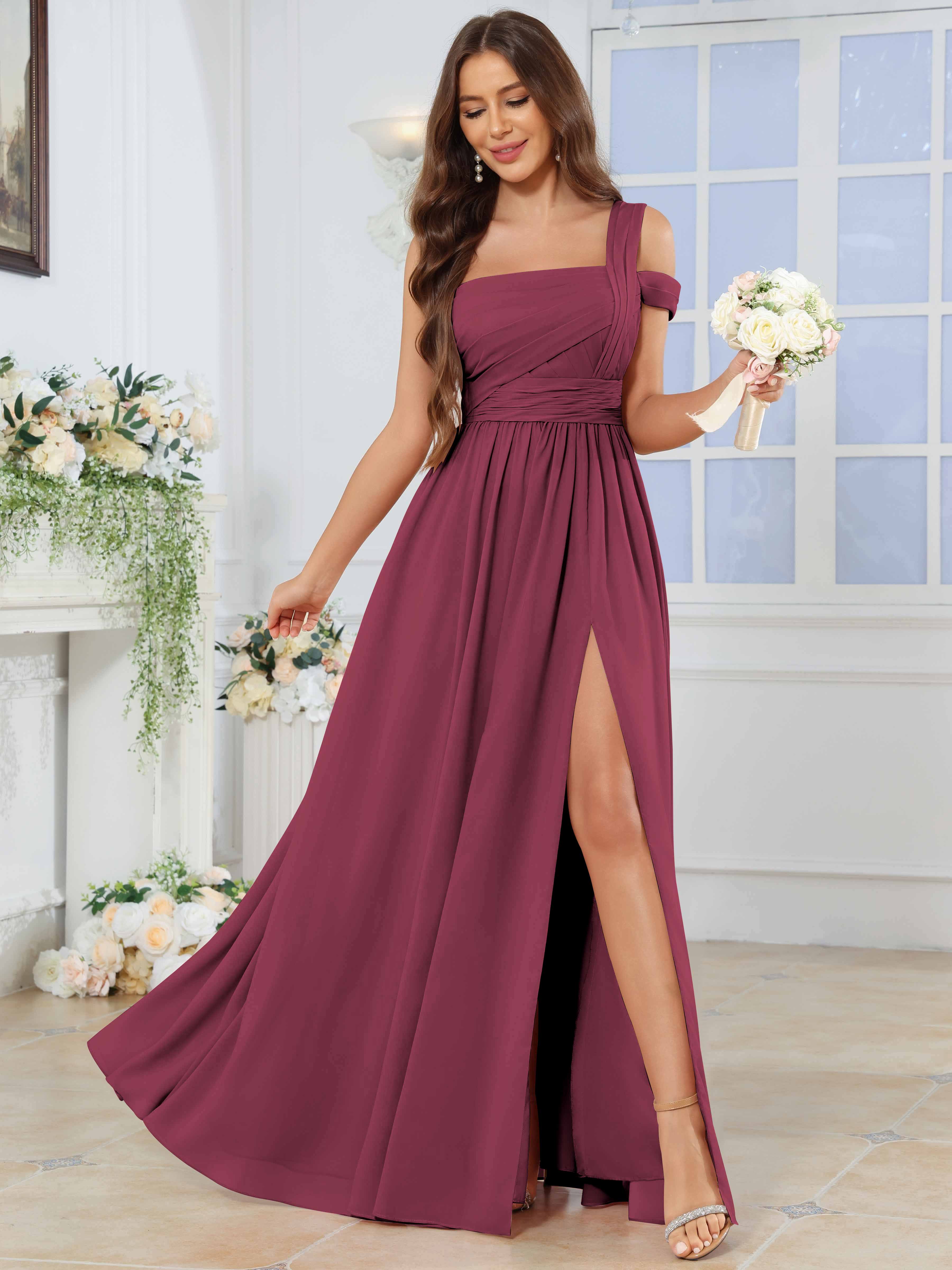 ROVDESY One Shoulder Pleated Chiffon Bridesmaid Dress With Slit